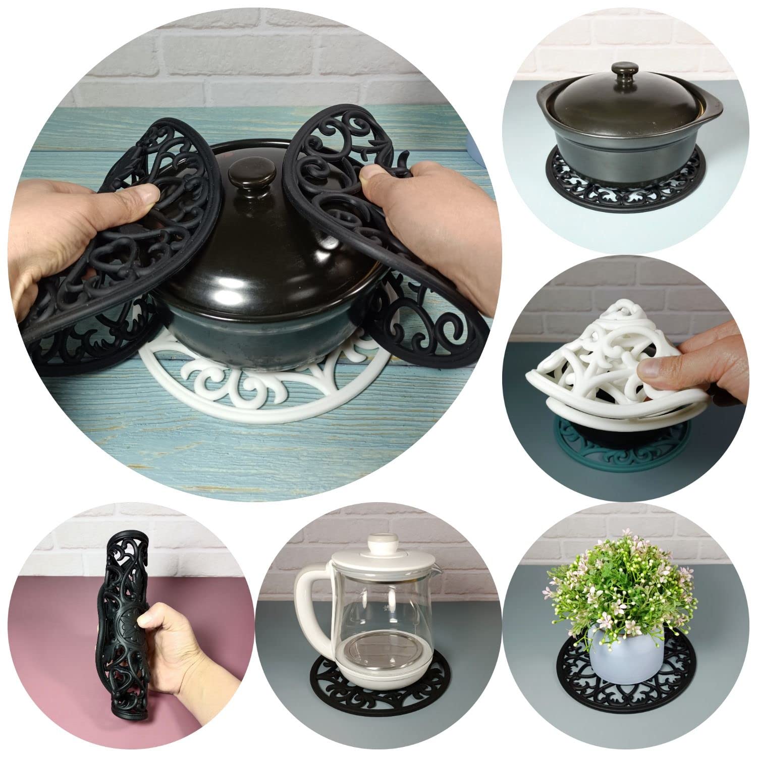 Premium Silicone Trivets Set of 6 - Heat Resistant Round Black Hot Pads for Kitchen - Modern Carved Non-Slip Mats for Hot Dishes, Pots & Pans - Perfect for Dining Table, Countertop Protection & Serving Hot Food