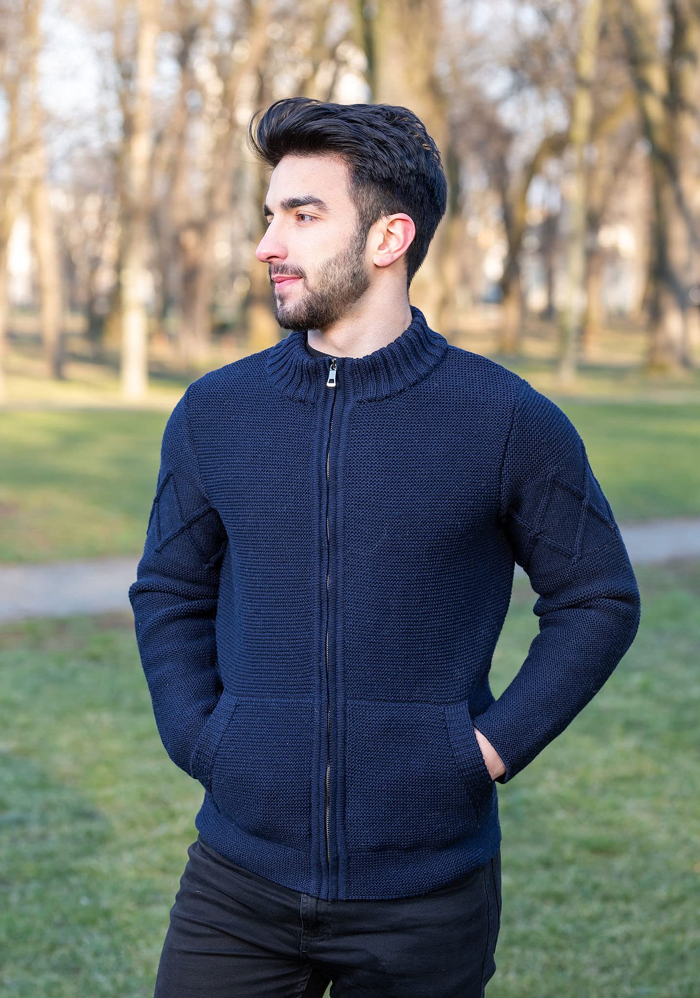 SAOL Men’s Merino Wool Full Zip Cardigan Sweater Jacket - Heavy Knit Winter Warm Pullover with Pockets - Perfect for Outdoor Hiking, Office Wear & Casual Fall Fashion