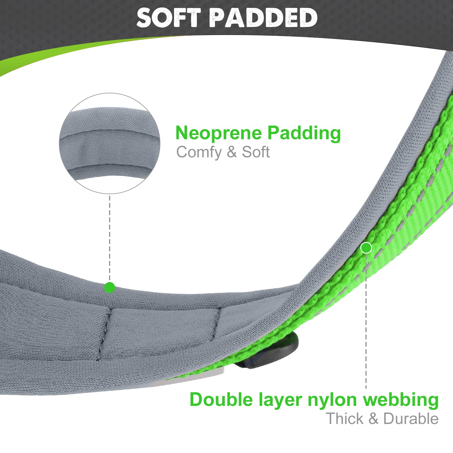 Joytale Adjustable Neoprene Padded Dog Collar for Medium Dogs - Reflective Heavy Duty Pet Collar with Durable Metal Buckle - Perfect for Walking, Training & Outdoor Adventures (Green, Medium)