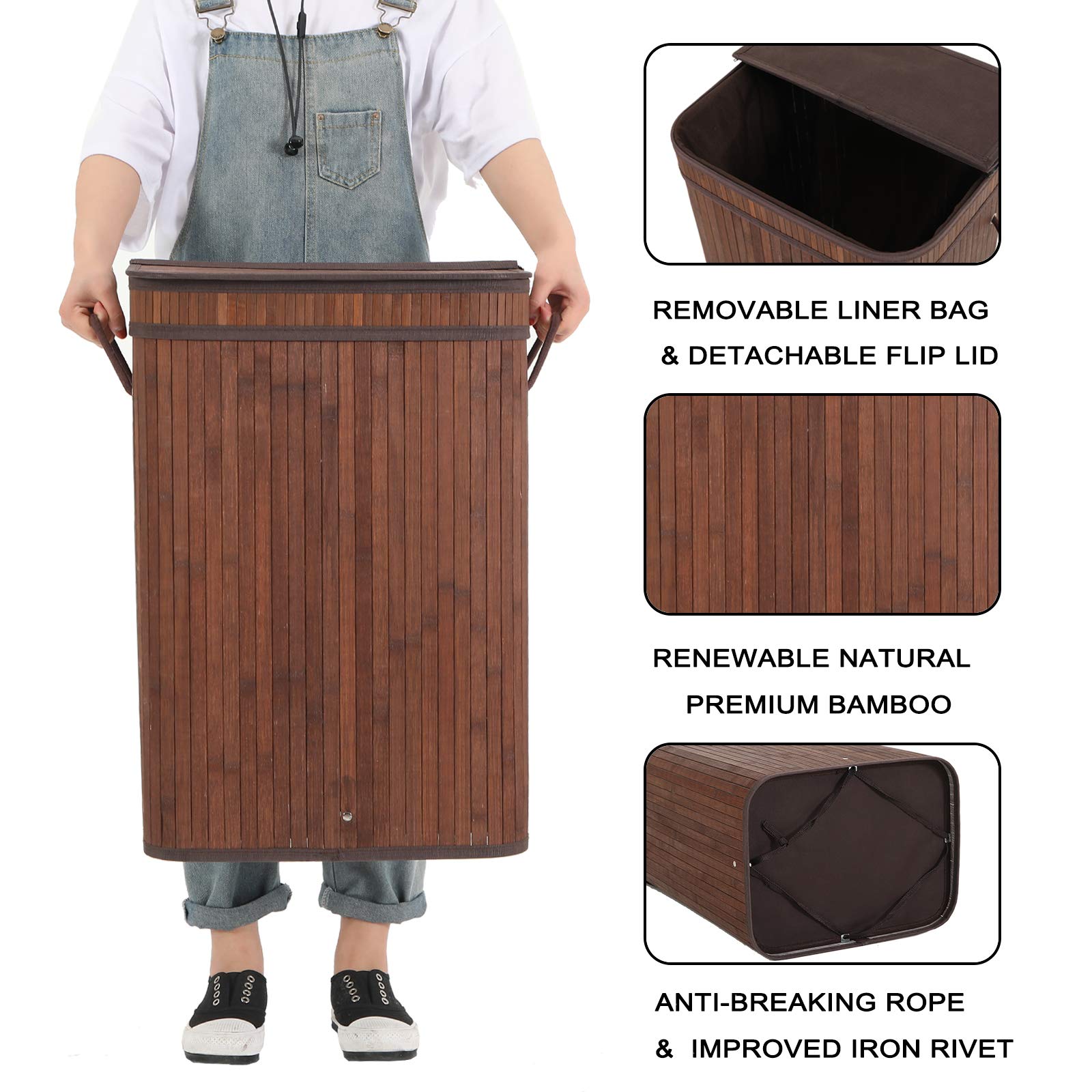 Sophia & William 72L Bamboo Laundry Hamper with Lid & Removable Liner - Collapsible Clothes Storage Basket with Handles for Bedroom, Bathroom, Dorm - Dark Brown Organizer for Dirty Laundry & Towels