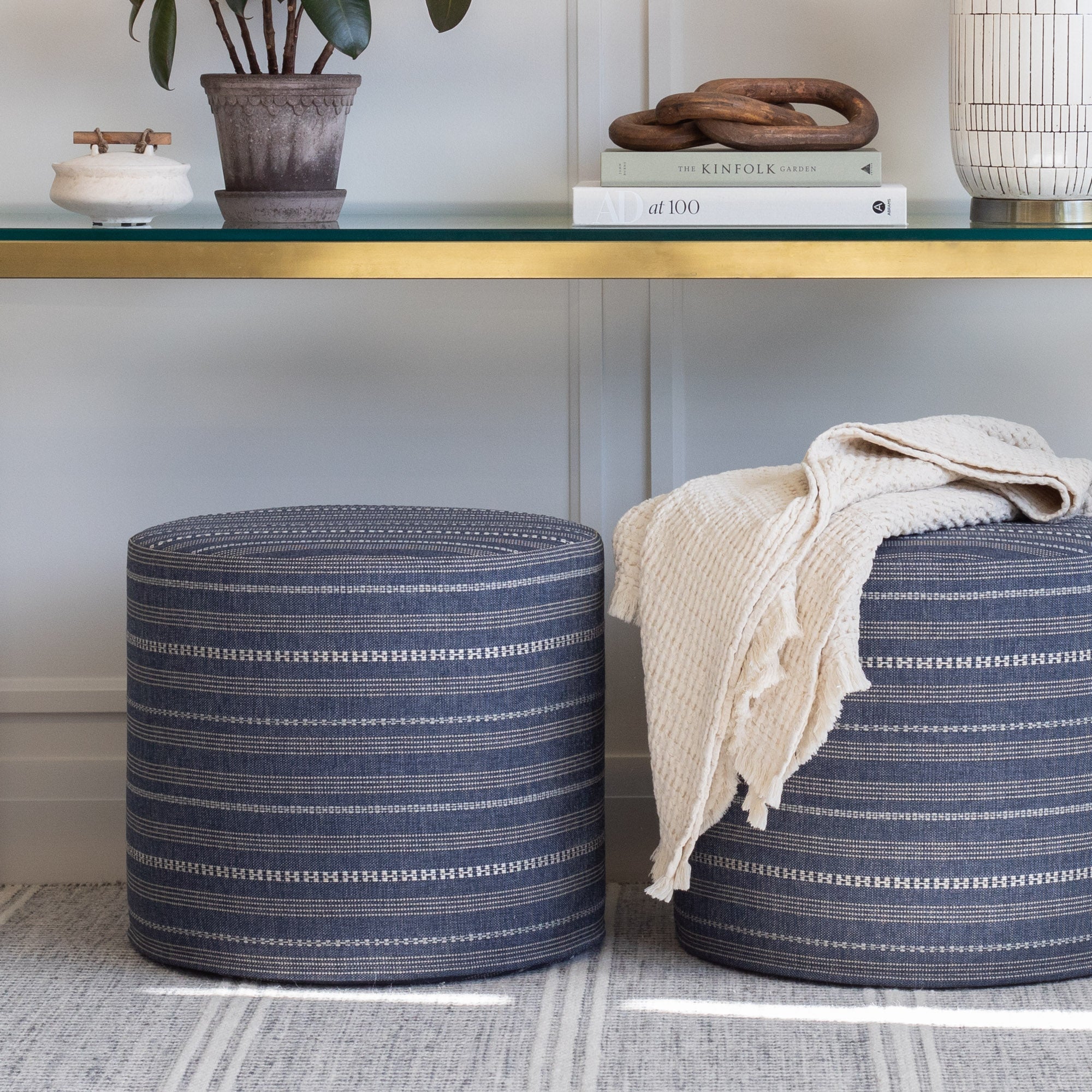 Anya Stripe 18x16 Round Ottoman Pouf in Denim Blue - Perfect for Living Room, Bedroom or Nursery Seating and Storage