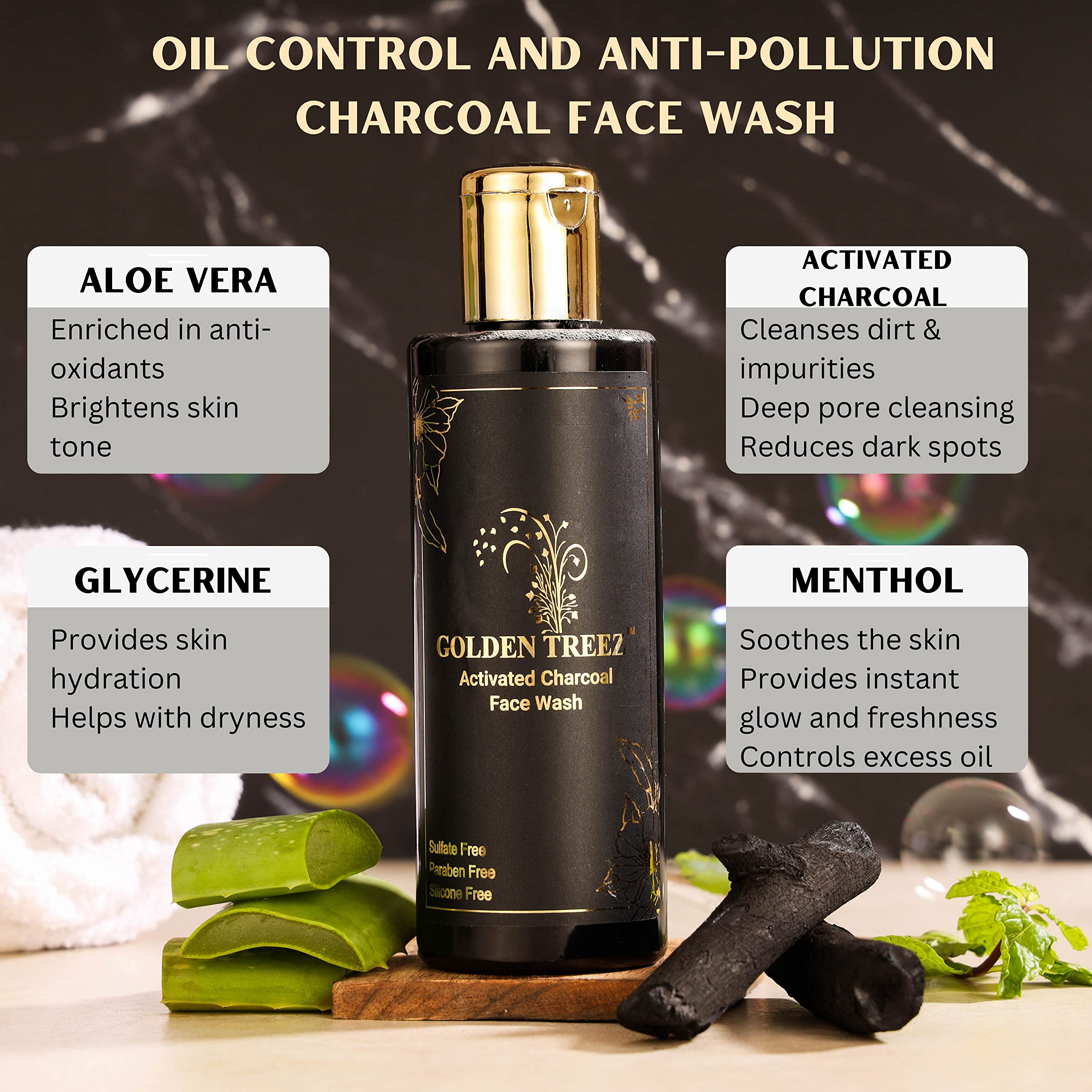 Golden Treez Charcoal Face Wash for Men & Women with Aloe Vera & Activated Charcoal - Natural, Paraben & Sulfate Free Cleanser for Oily Skin, Acne & Tan Removal - Skin Brightening Facial Wash - 210ml - Perfect for Daily Skincare & Deep Cleansing Routine