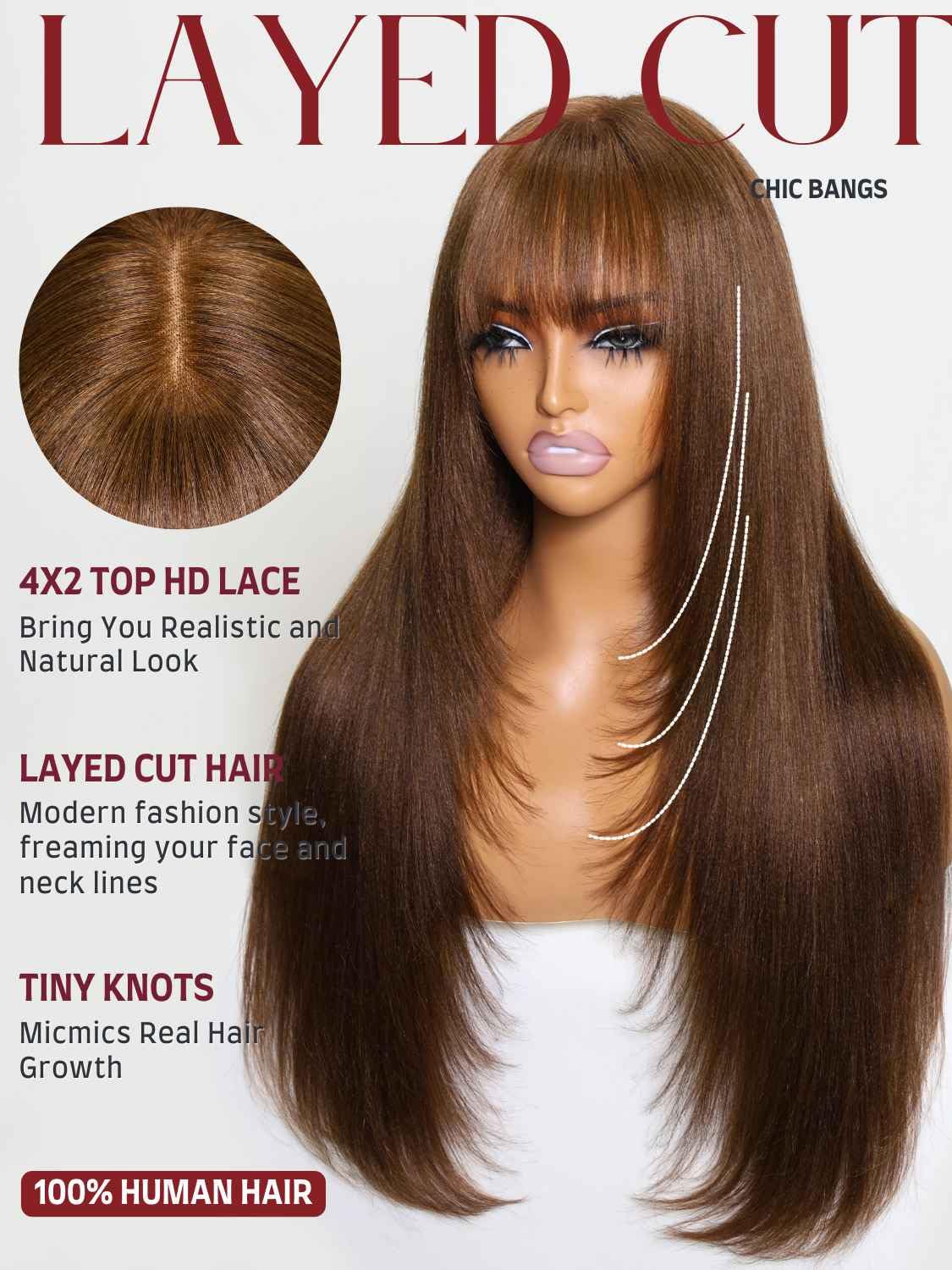 Beauty Forever Chocolate Brown Yaki Straight Human Hair Wig with Bangs - 24 Inch Glueless HD Lace Front Wig #4 Dark Brown | 150% Density, Layered Cut, Ready to Wear & Beginner Friendly | Perfect for Daily Wear, Cosplay, and Special Occasions