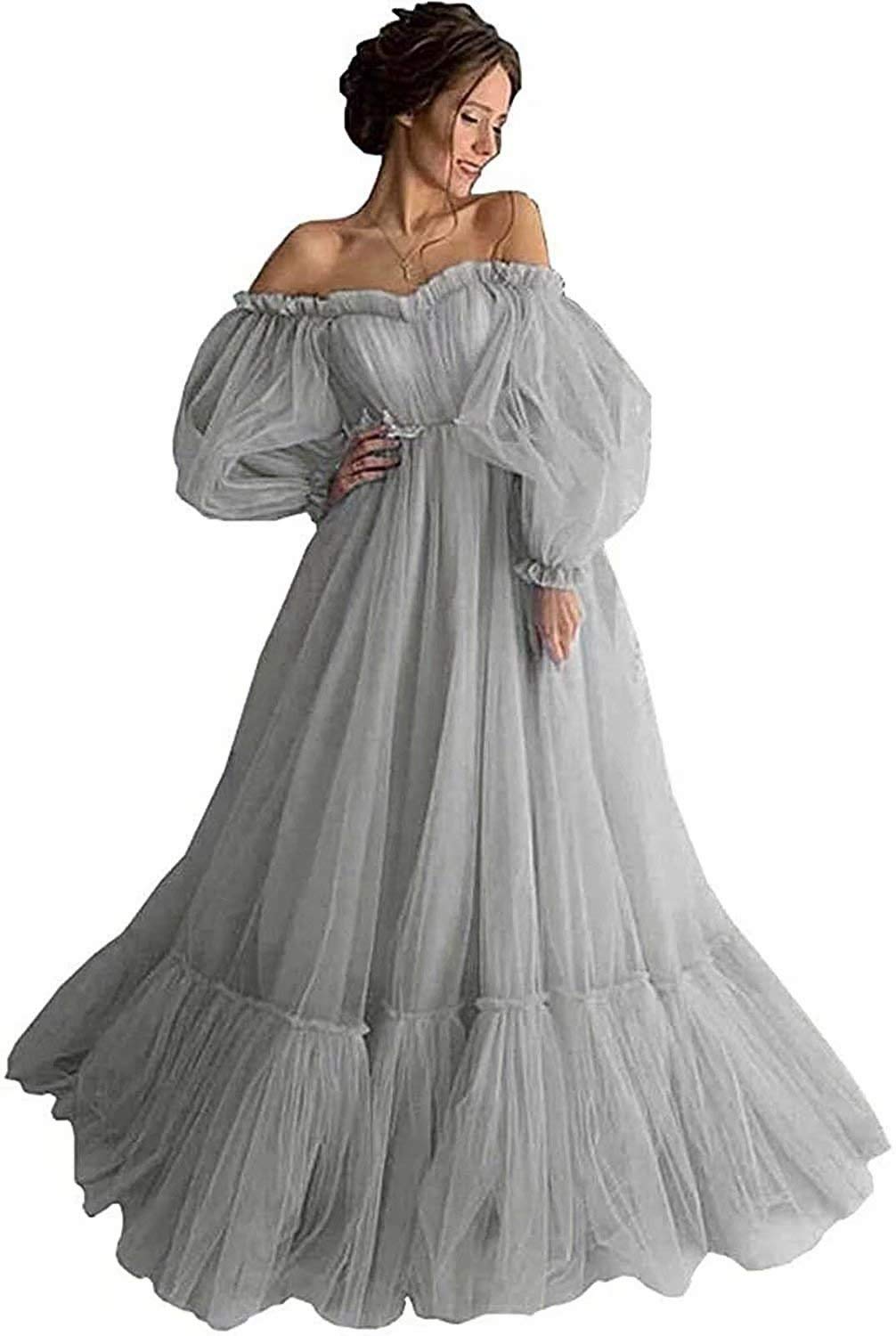 Elegant Off Shoulder Long Ruffle Sweetheart Tulle Prom Dress with Puffy Sleeves - Women's Ball Gown for Homecoming, Wedding Guest & Special Occasions