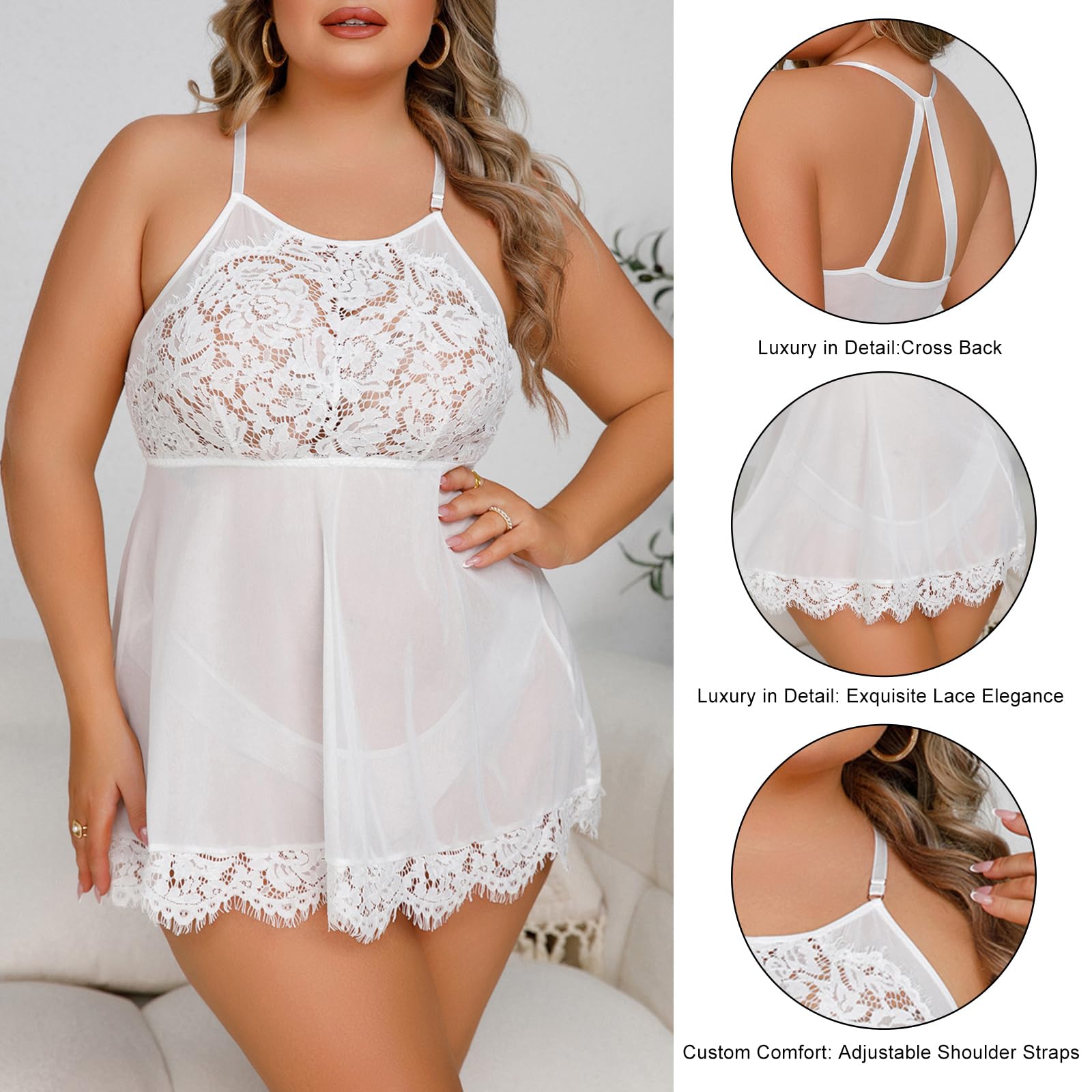 LOVESOFT Plus Size Sexy Lingerie for Women - Lace Babydoll Nightwear with V-Neck & Matching Underwear Set | Romantic Sleepwear for Valentine's Day & Anniversary Gifts