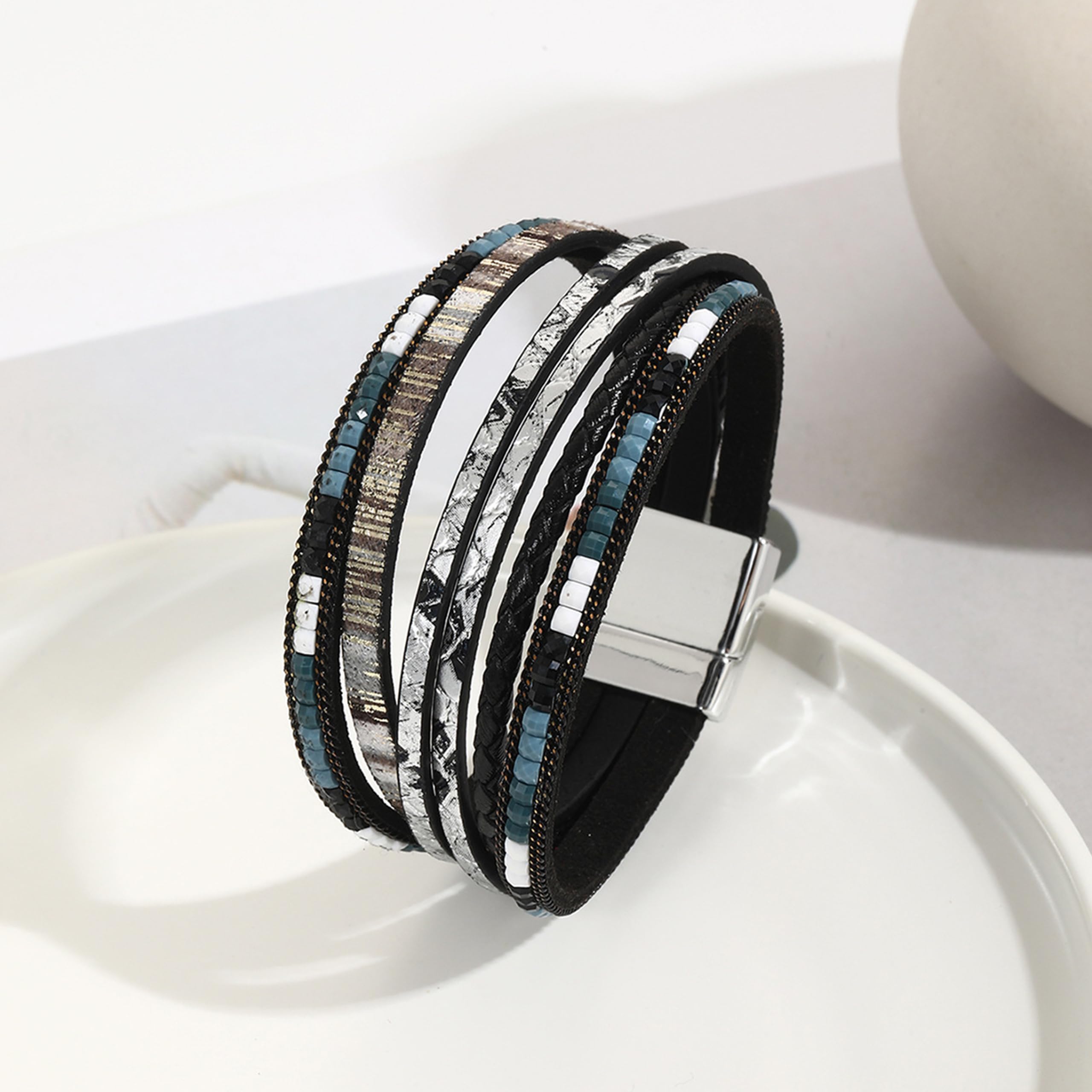 Trendy Blue Leather Wrap Bracelet for Women - Stackable Multi-Layer Western Cuff Bracelet | Perfect for Boho Fashion, Layered Jewelry Looks & Everyday Accessories