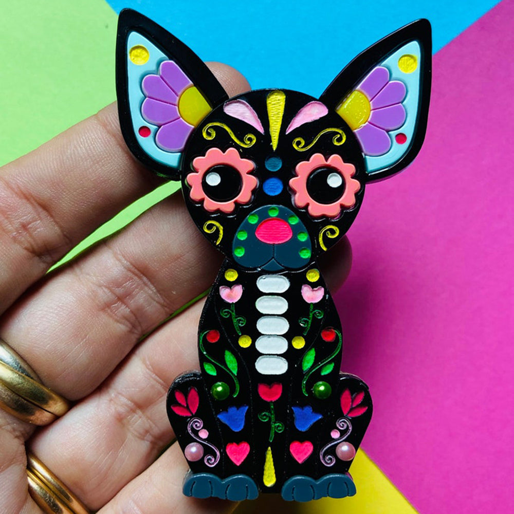 Day of the Dead 2022 Chihuahua Skull Acrylic Brooch & Earrings Set - Mexican Sugar Skull Jewelry by Makokot Design - Perfect for Halloween, Dia de los Muertos Celebrations & Gothic Fashion Accessories