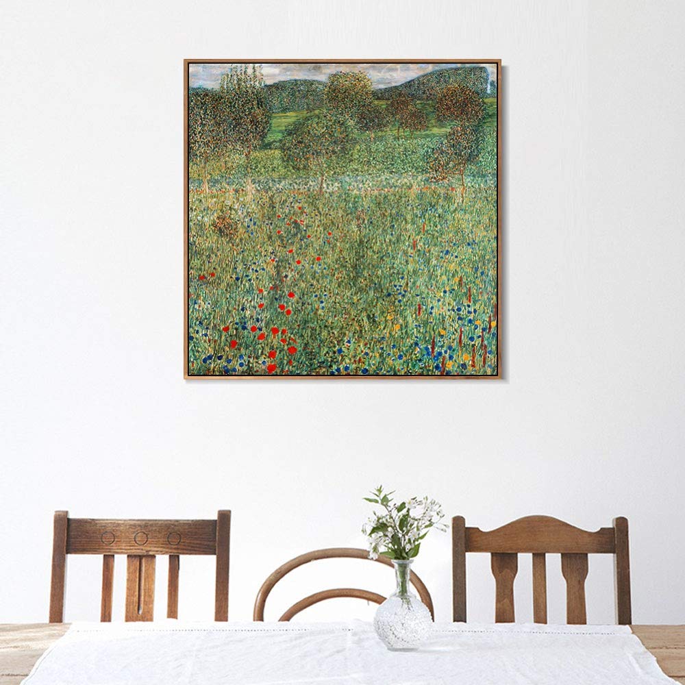 Gustav Klimt Trees and Flowers Framed Canvas Giclee Print - 28x28 Inch Wall Art with Wood Slim Frame for Living Room, Bedroom & Office Decor | Modern Botanical Home Decor