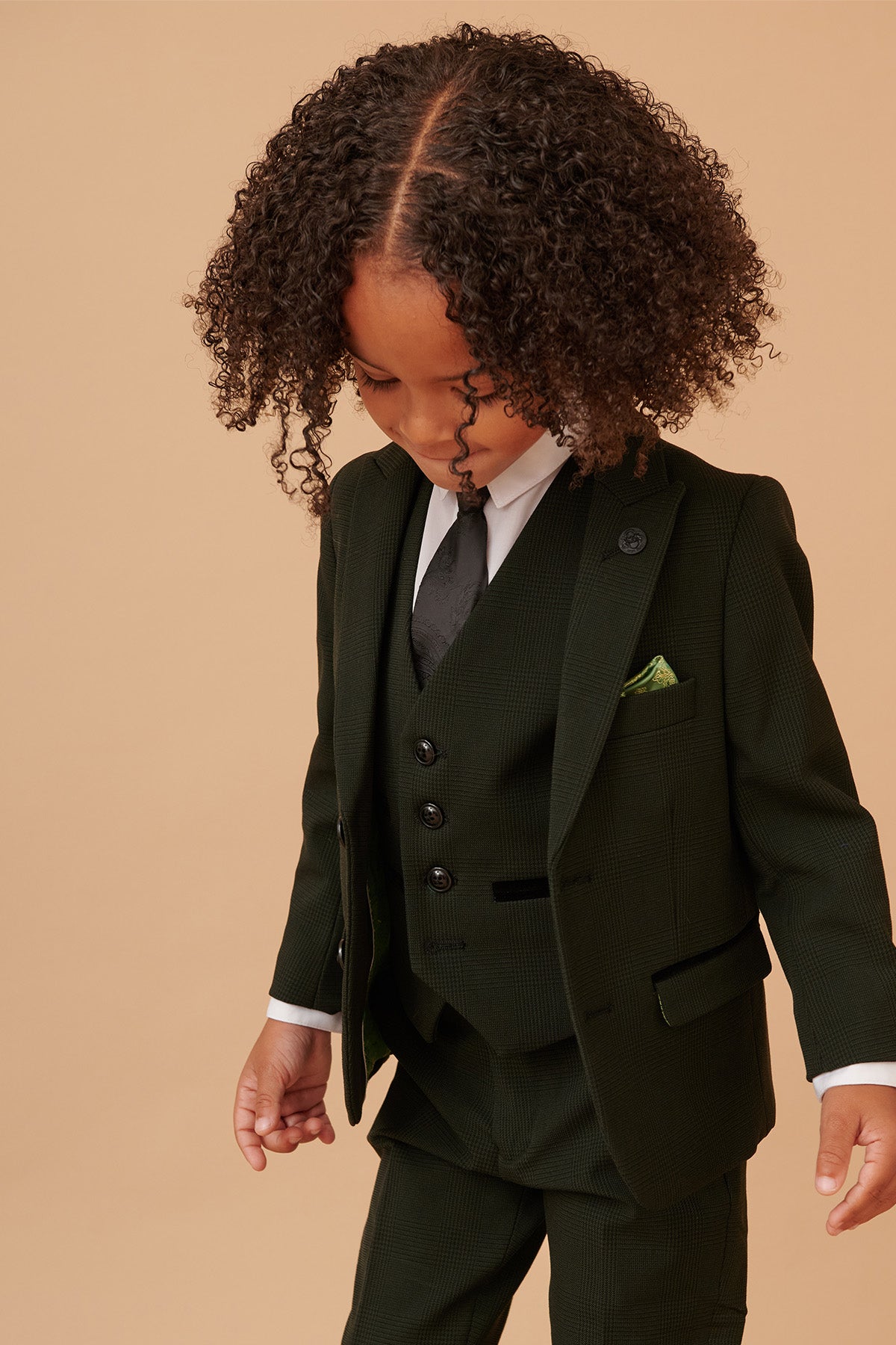 BROMLEY Kids' Olive Green Check Print 3-Piece Suit for Boys - Formal Wear for Weddings, Parties & Special Occasions
