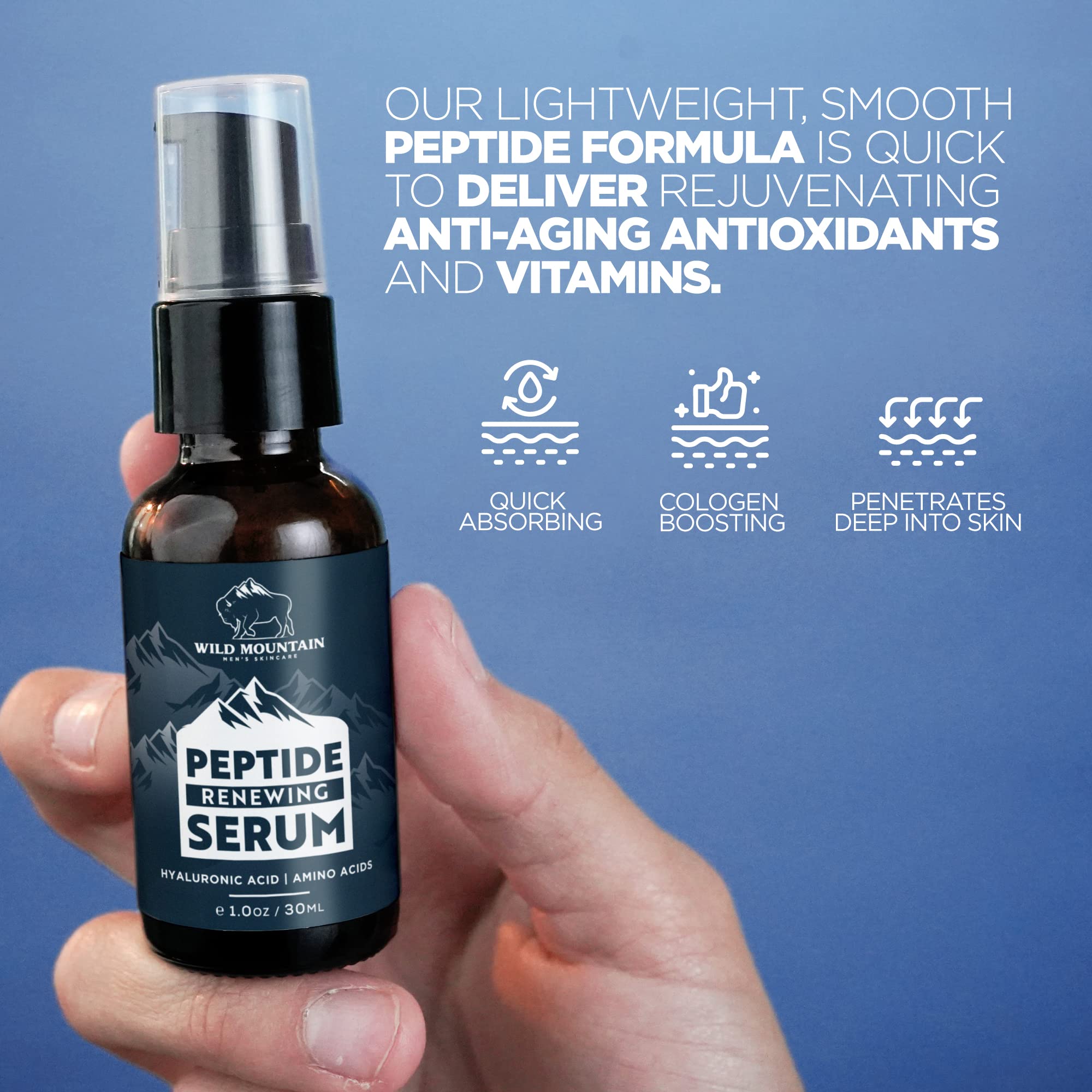 Wild Mountain Peptide Face Serum for Men - Hydrating Hyaluronic Acid & Collagen Boosting Amino Acids Anti-Aging Serum - Skin Brightening Treatment - 1 oz - Perfect for Daily Skincare Routine & Reducing Wrinkles