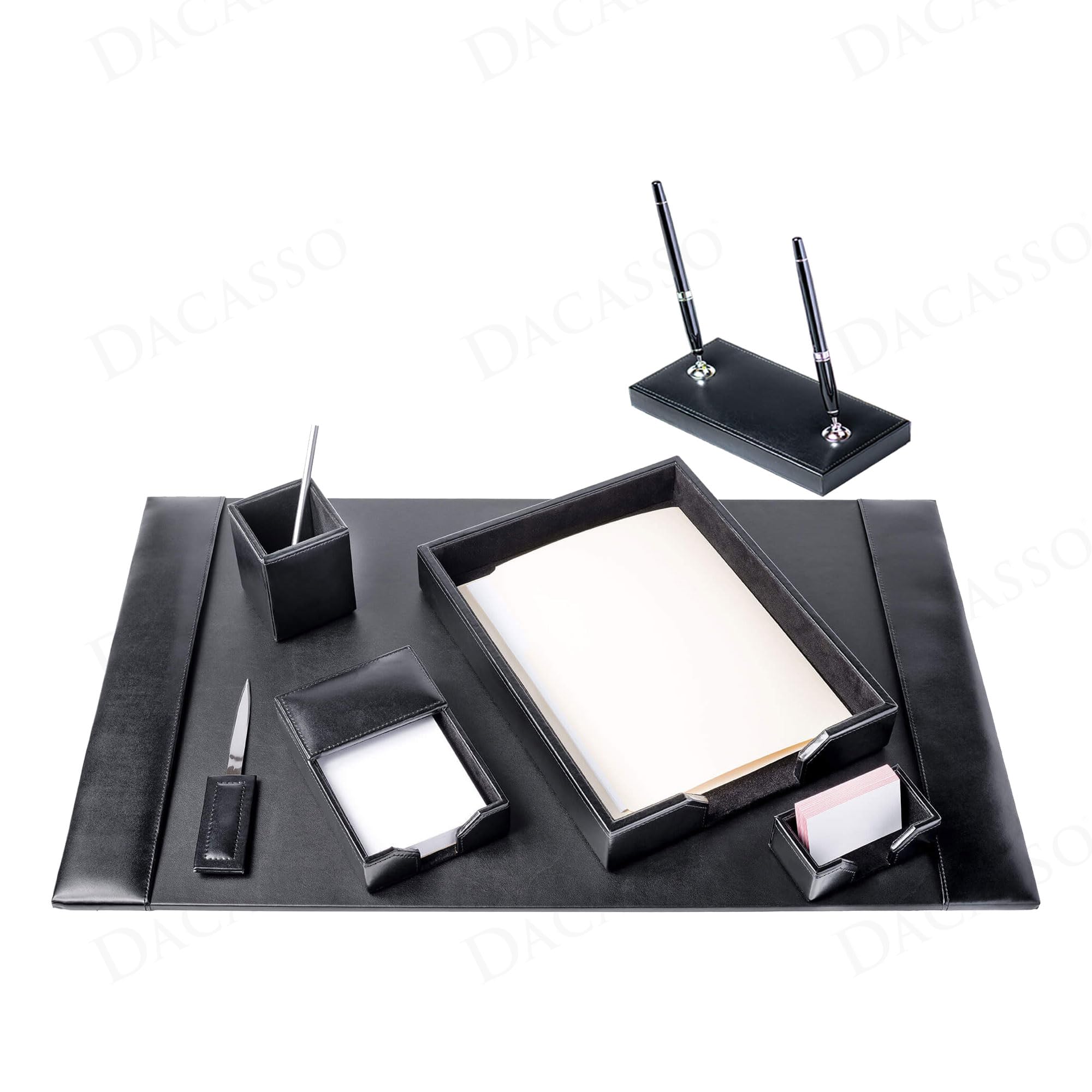 Premium 7-Piece Black Bonded Leather Desk Set with Blotter Pad & Desk Mat - Luxury Office Organization Essentials for Executives - Surface Protector & Stylish Home Office Decor (Perfect for Corporate Gifts & Professional Workspaces)