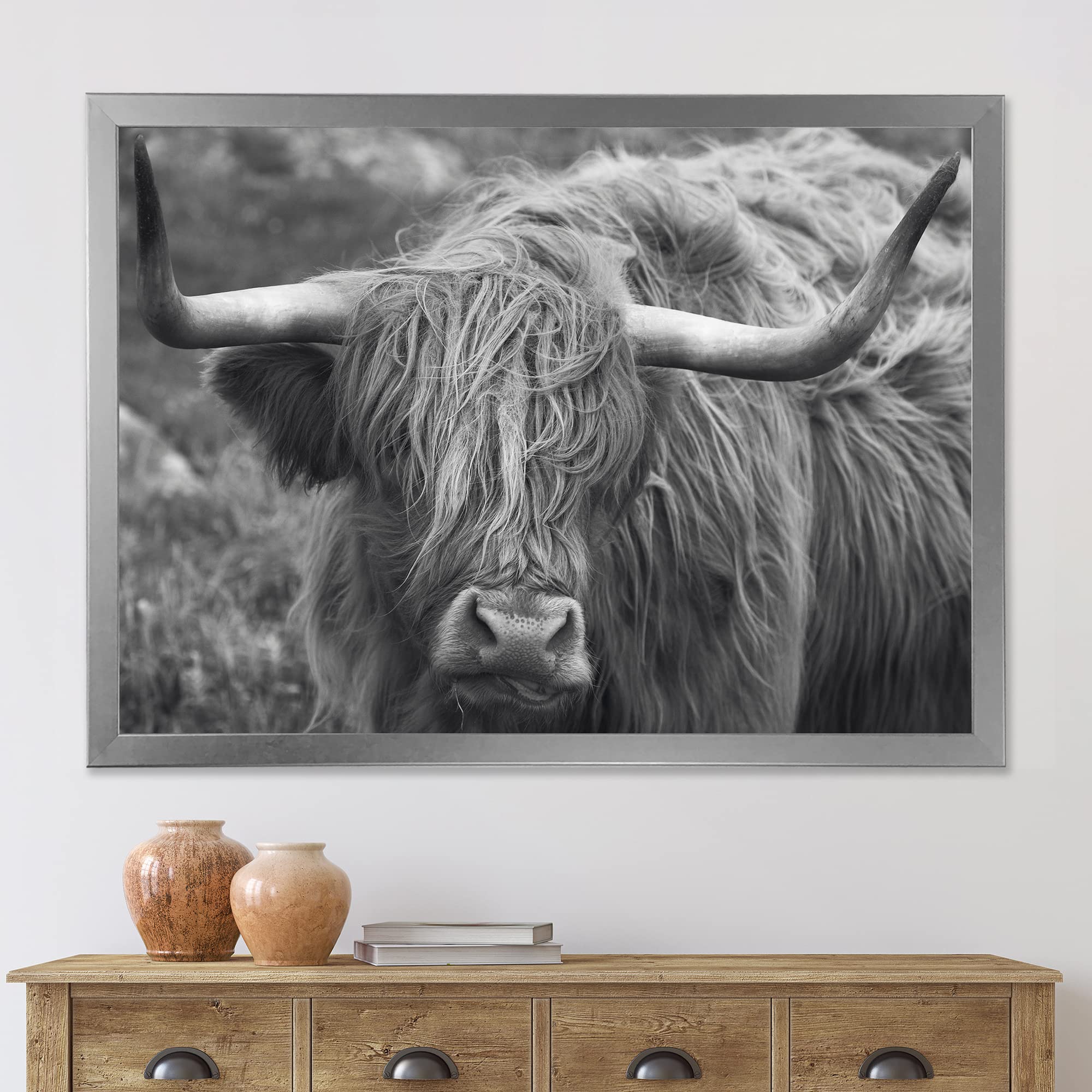 Scottish Highland Cow on Moorland - Farmhouse Framed Wall Art Decor for Living Room, Bedroom & Office