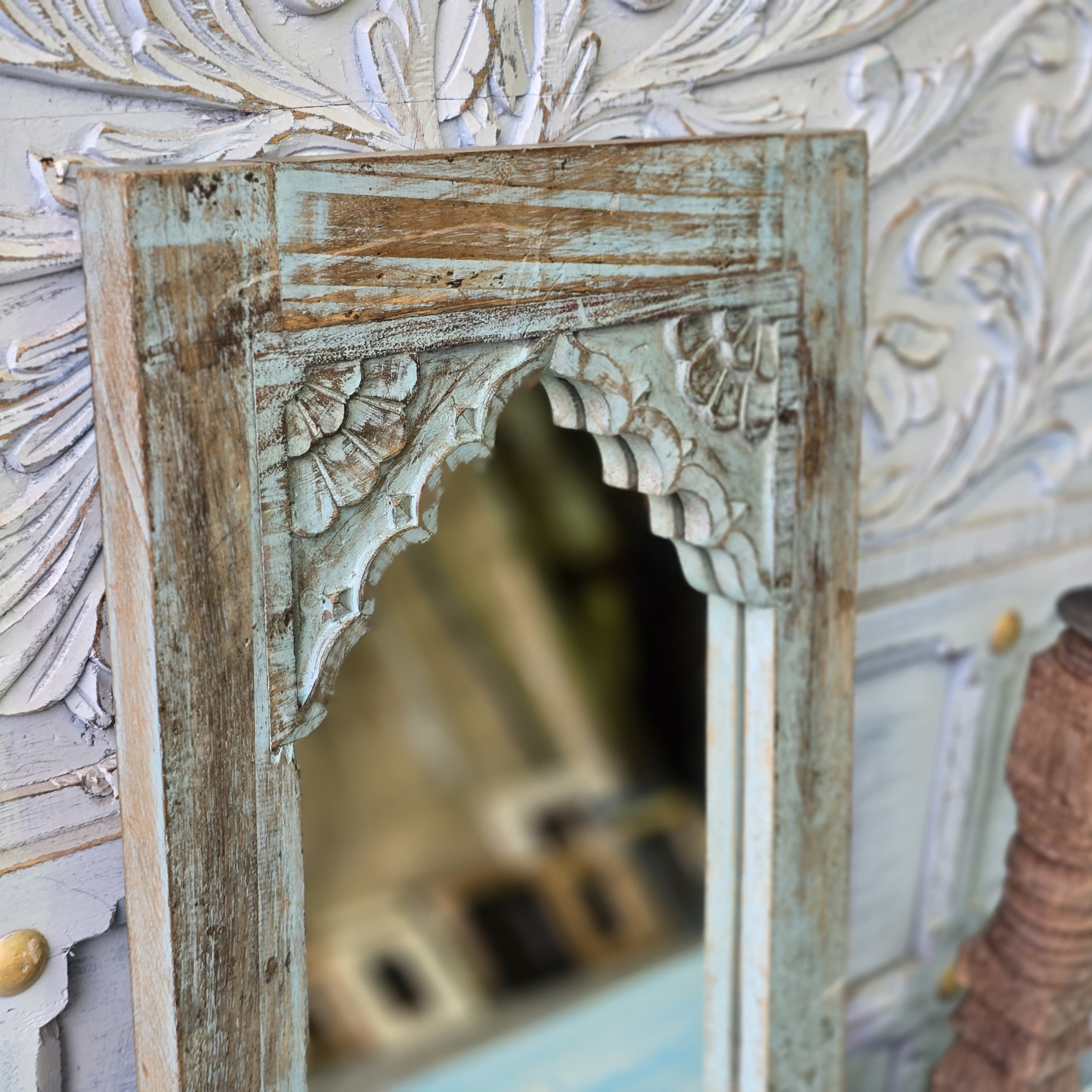 Handcrafted Floral Carved Solid Wood Indian Furniture Mirror Frame - Rustic Wall Decor for Living Room, Bedroom & Entryway