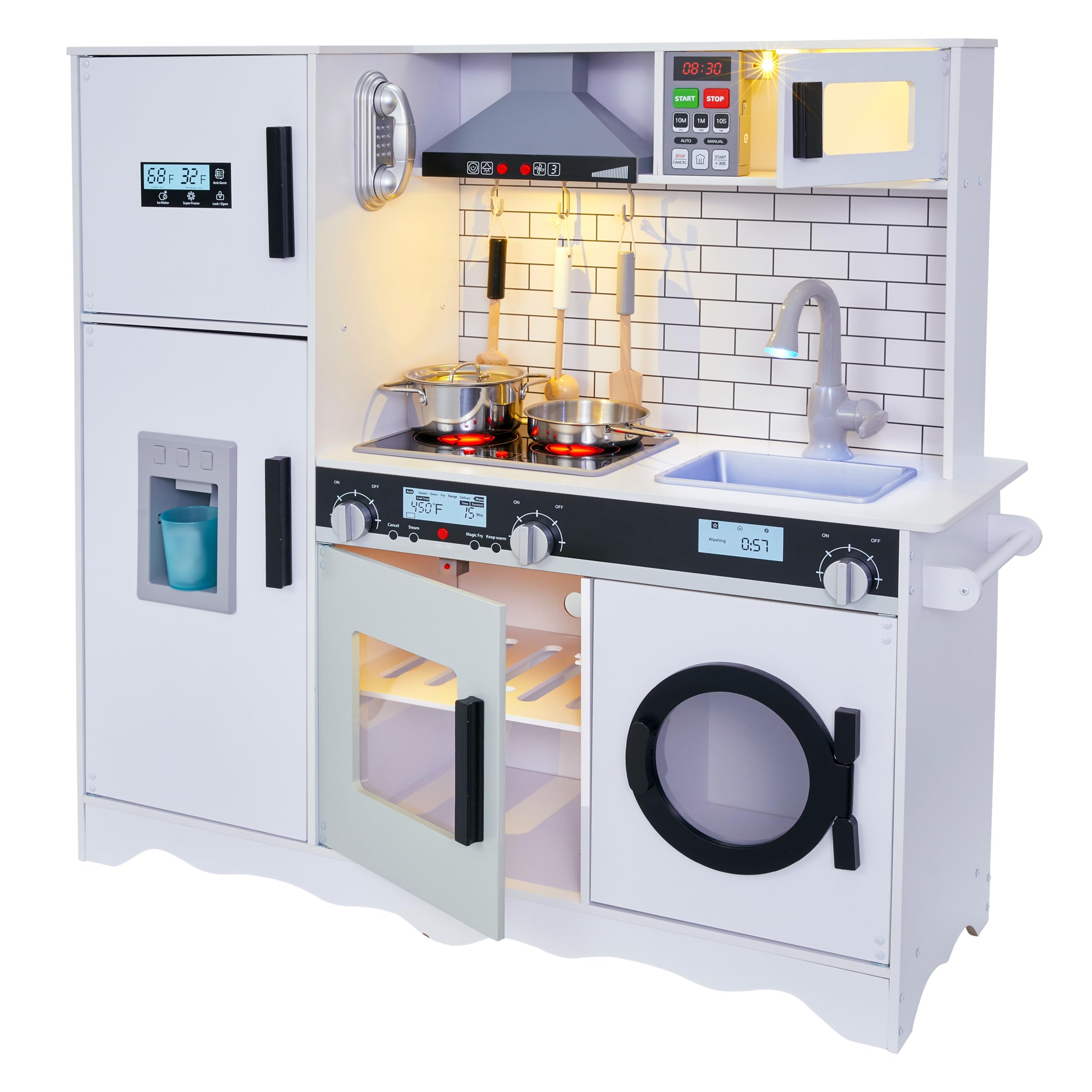 Lil’ Jumbl Kids Wooden Play Kitchen Set with Realistic Sounds & Lights - Pretend Cooking Toy with Battery Operated Icemaker, Microwave, Stove & Oven - Includes Pots, Pans & Utensils - Perfect for Toddler Pretend Play & Early Learning