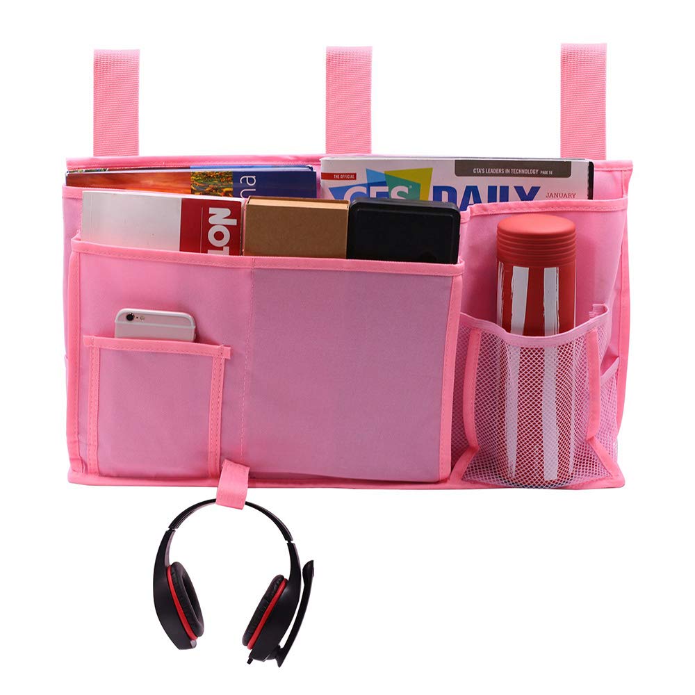 Pink Bunk Bed Organizer - Hanging Storage Caddy with Multiple Pockets for Camping, Dorm Rooms, Hospitals & Home Use | Space-Saving Bedside Organizer for Books, Phones & Essentials