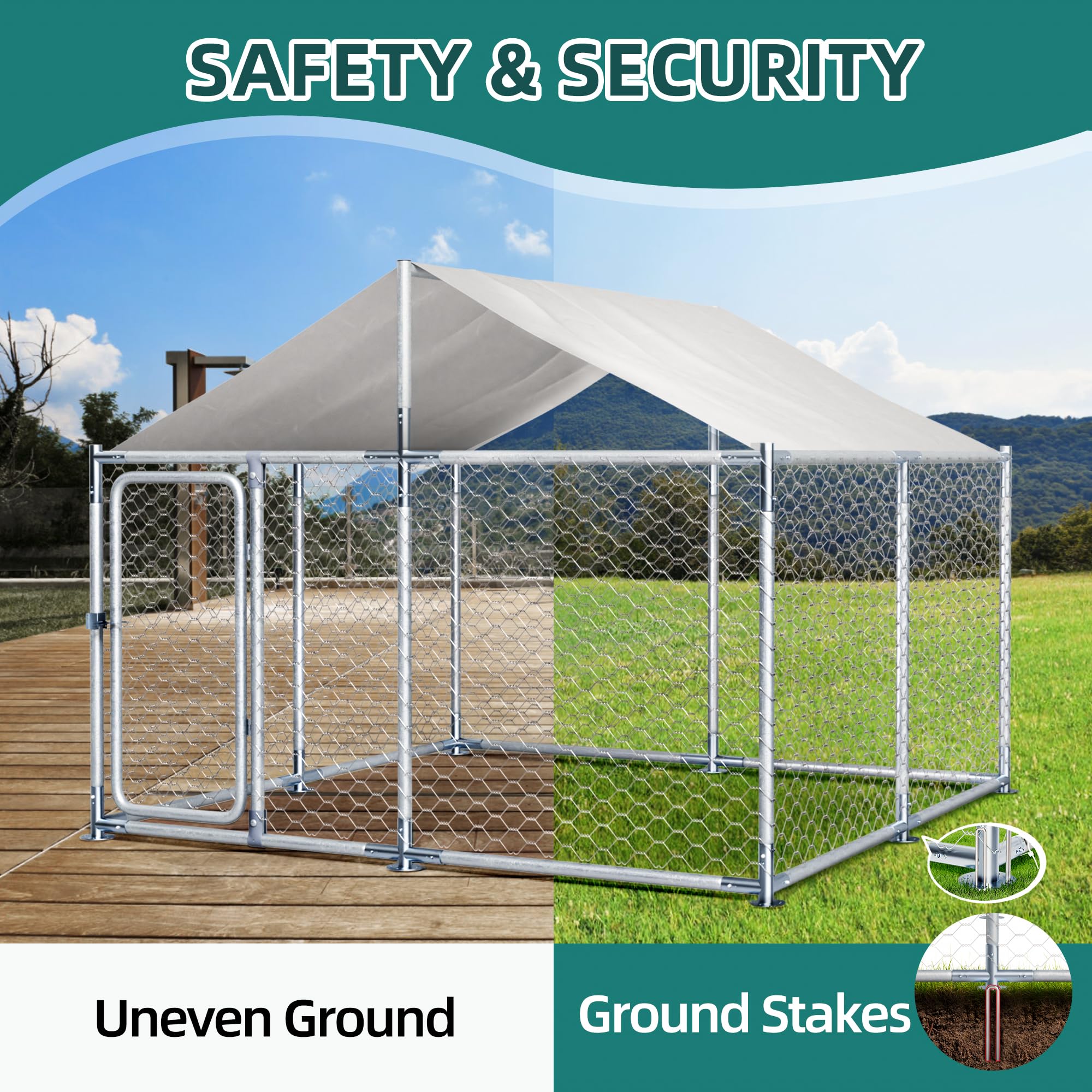 Heavy Duty Outdoor Dog Kennel - 7.5x7.5ft Galvanized Steel Dog Cage with Roof, UV & Water Resistant - Secure Playpen for Small, Medium & Large Dogs - Perfect for Backyard, Patio & Camping Use