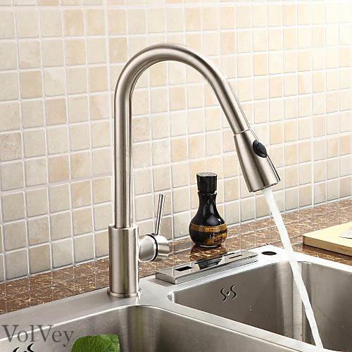 Wovier Brushed Nickel Pull Out Kitchen Sink Faucet - Single Handle Single Hole Vessel Lavatory Faucet with Sprayer, Basin Mixer Tap for Modern Bathroom & Kitchen Sink | Perfect for Washing Dishes, Filling Pots & Daily Hygiene