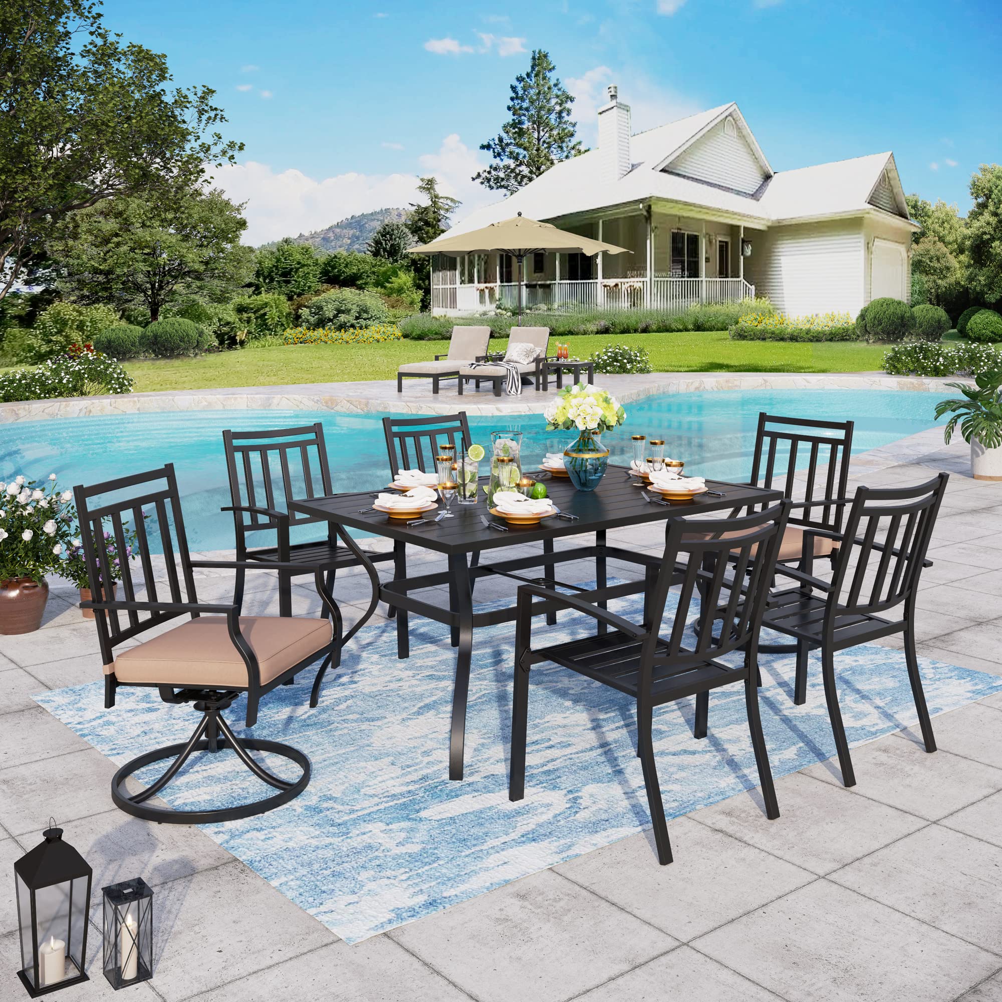 Sophia & William 7-Piece Outdoor Patio Dining Set for 6 - 4 Metal Chairs, 2 Swivel Chairs & 1 Rectangular Metal Table - Durable Garden Furniture for Backyard, Lawn, Poolside & Outdoor Entertaining