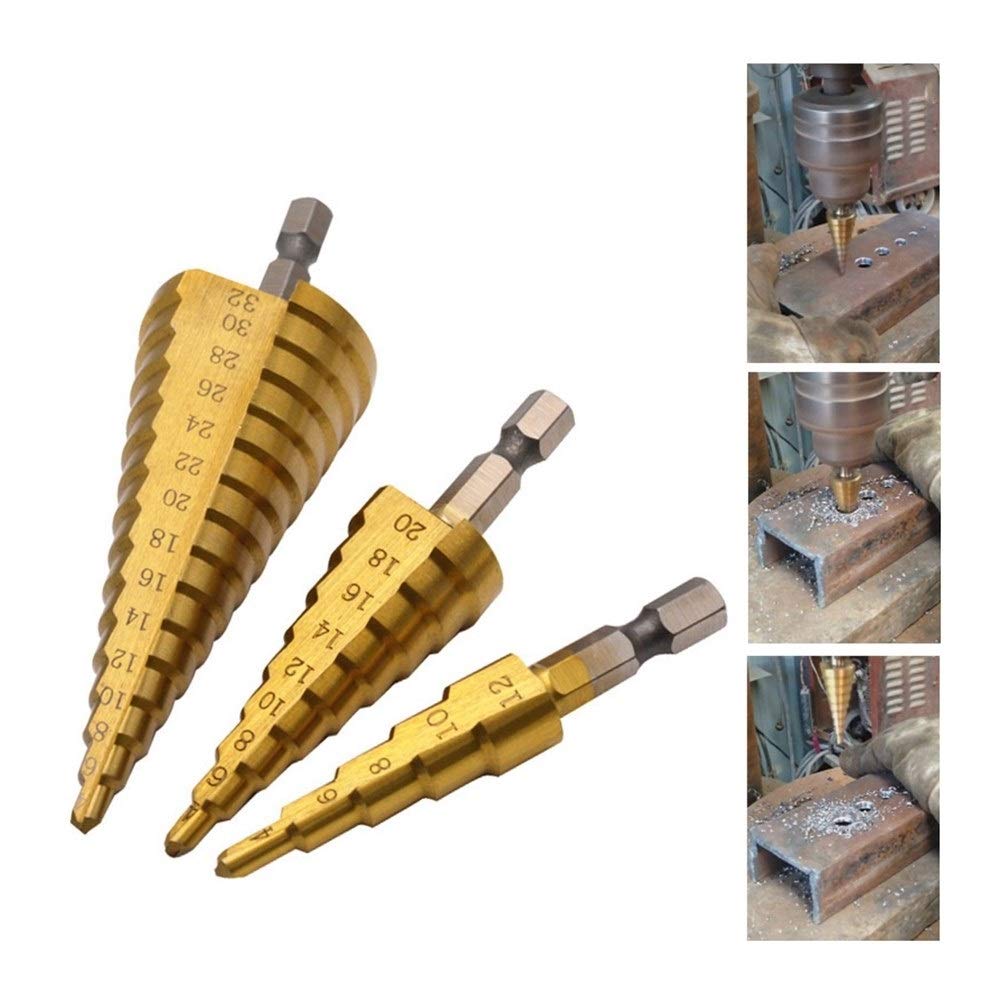 HSS Titanium-Coated Step Drill Bit Set (4-12mm, 4-20mm, 4-32mm) - High Speed Steel Cone Drill for Metal, Wood & Plastic - Hexagon Shank Power Tool for DIY, Carpentry & Metalworking Projects