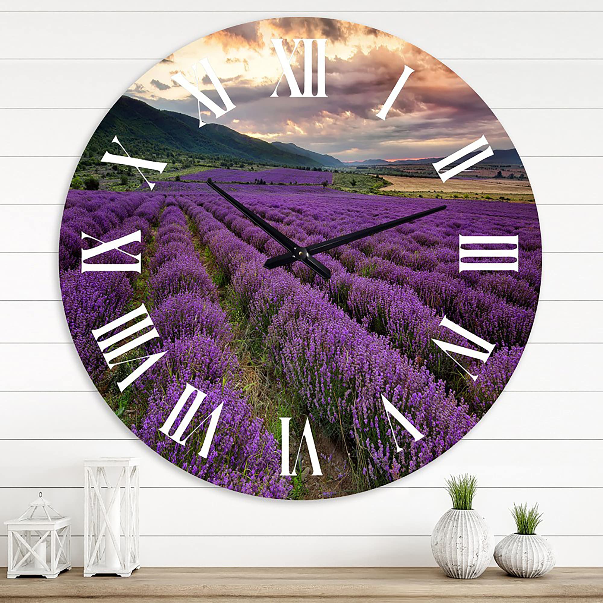 Farmhouse Wall Clock 'Lavender Field at Dawn' - Large Rustic Landscape Wall Clock for Home, Office & Kitchen Decor | Perfect for Farmhouse, Cottage & Country Style Interiors