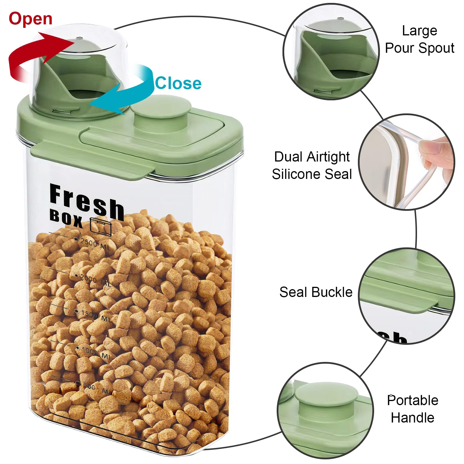 Premium Airtight Pet Food Storage Container - Transparent, Sealed, Insect & Moisture Proof for Dry Dog & Cat Food - Portable Small Pet Food Bin for Travel & Home Use (Green, 2L Capacity)