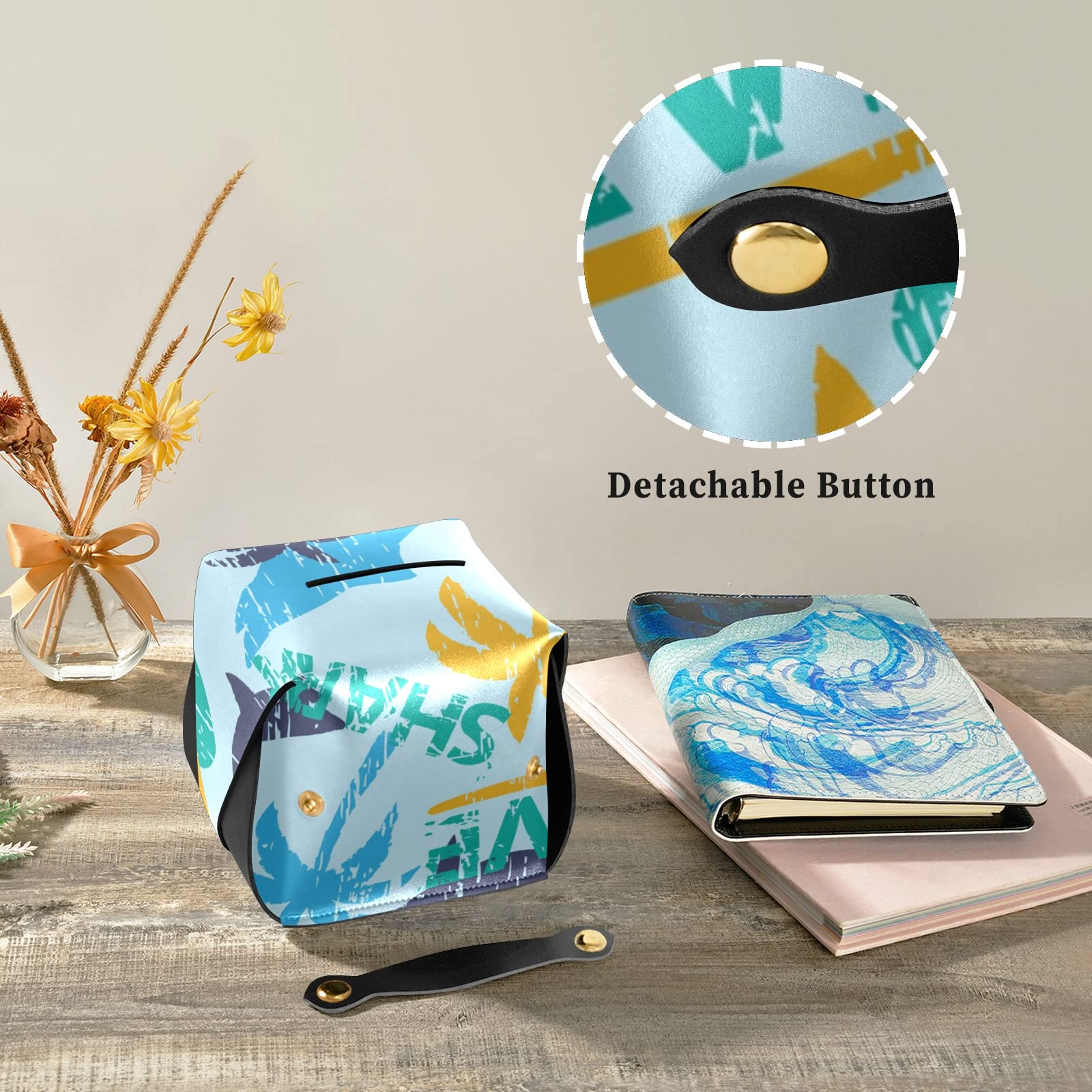 Premium Leather Tissue Box Cover with Handle - Seamless Bright Surfboards, Shark & Palm Trees Design - 5.7x5.7x5.7 Inches - Perfect for Bathroom, Home Nightstand, Vanity Countertop, Office Desk & Car Decor