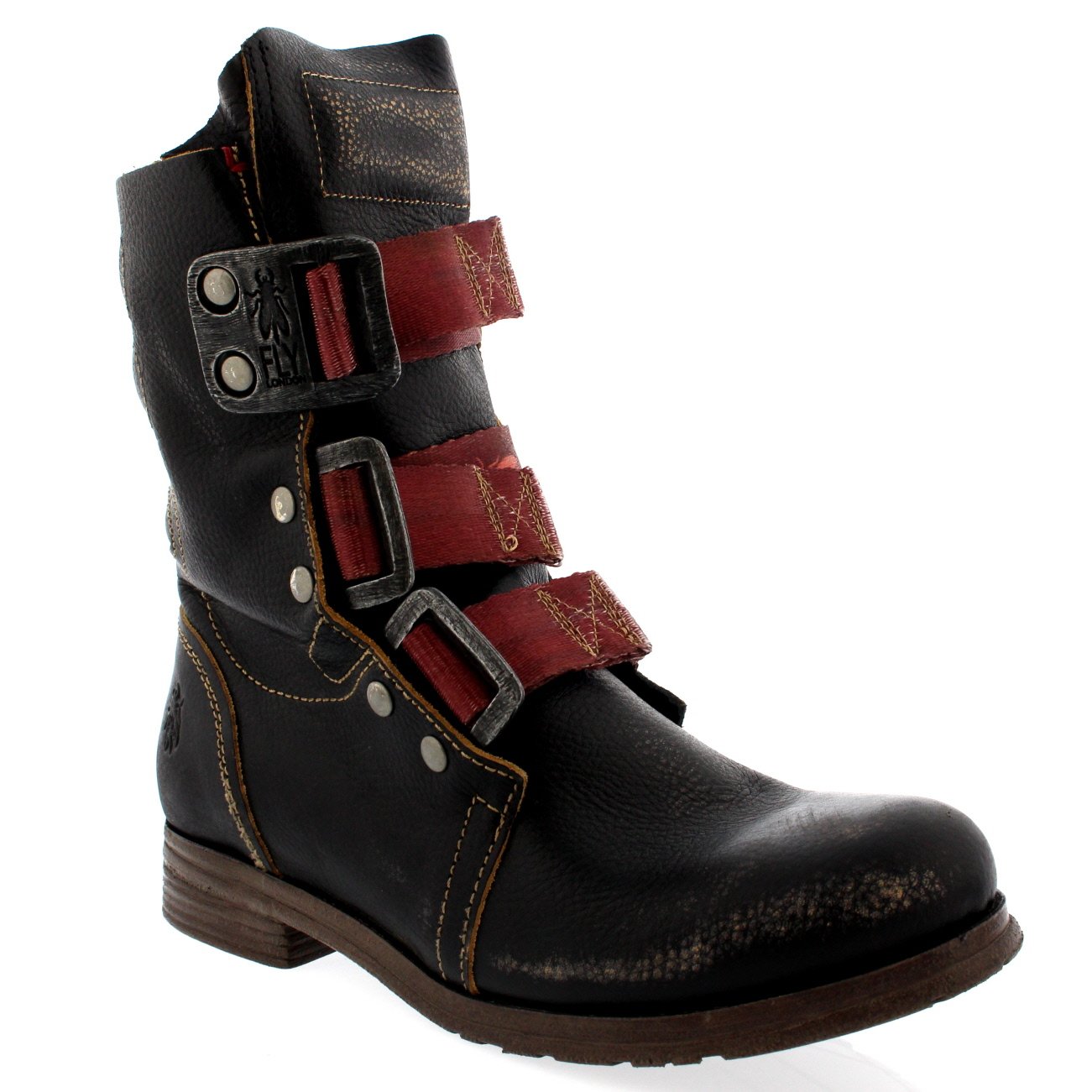 Women's Fly London Stiff Leather Pull-On Military Biker Ankle Boots with Buckle - Stylish & Comfortable for Casual Outings, Nightlife, and Motorcycle Riding
