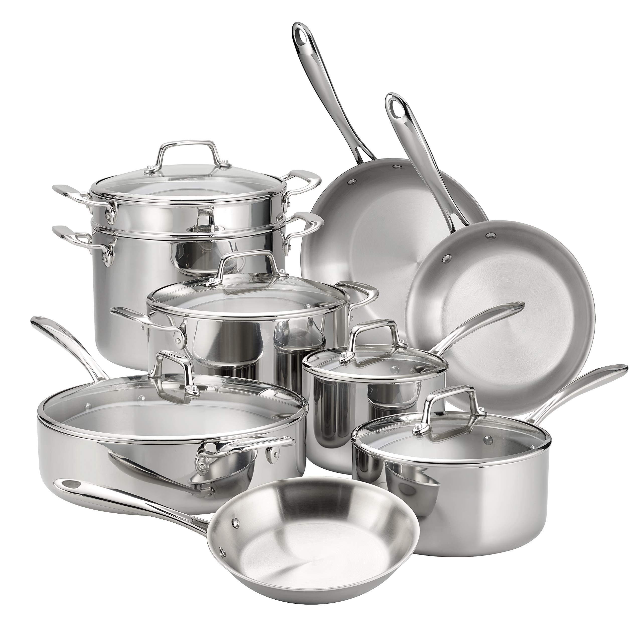 Tramontina 14-Piece Stainless Steel Tri-Ply Clad Cookware Set with Glass Lids (80116/1013DS) - Perfect for Home Cooking, Professional Kitchens & Gift Giving