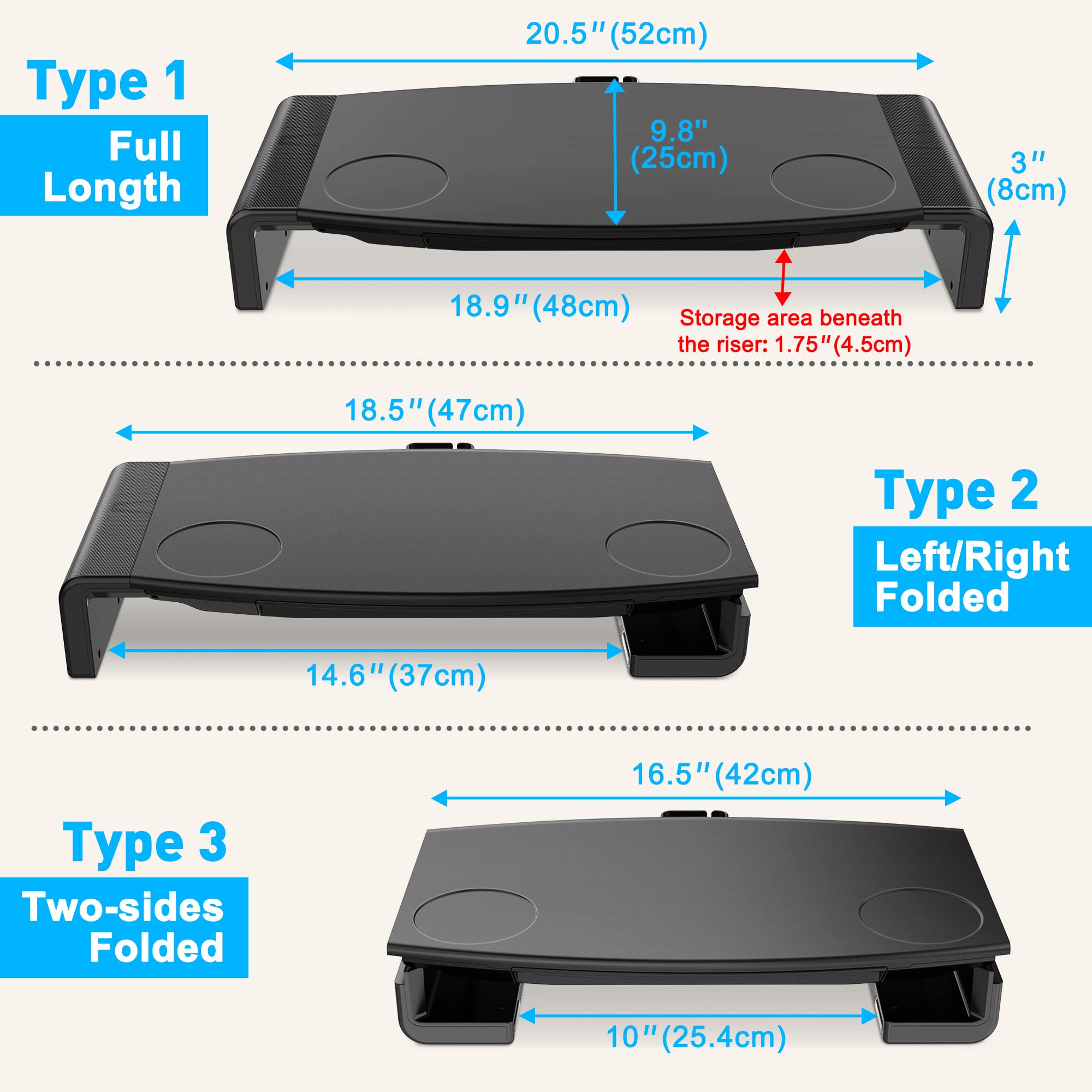 AboveTEK Foldable Monitor Stand with Drawer - Adjustable Height Computer Riser for PC, Laptop, Printer | Space-Saving Desk Organizer | Perfect for Home Office, Gaming Setup & Workspace (Black)