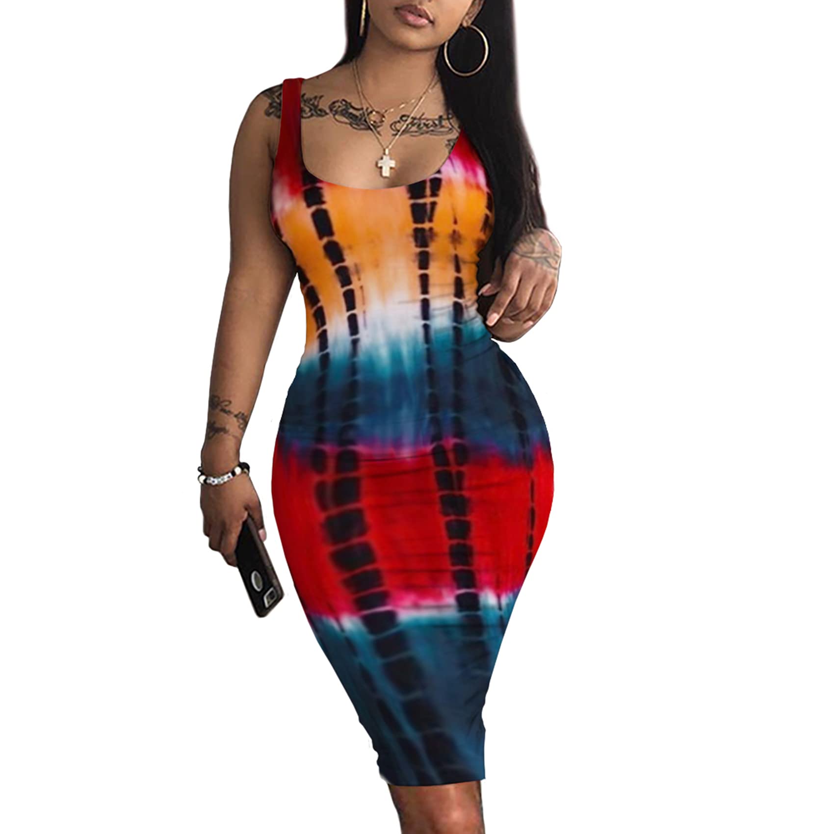 CYSEXY Women's Sexy Tie-Dye Bodycon Dress - Sleeveless Tank Club Party Midi Dress for Summer | Perfect for Night Out, Date Night & Beach Vacations