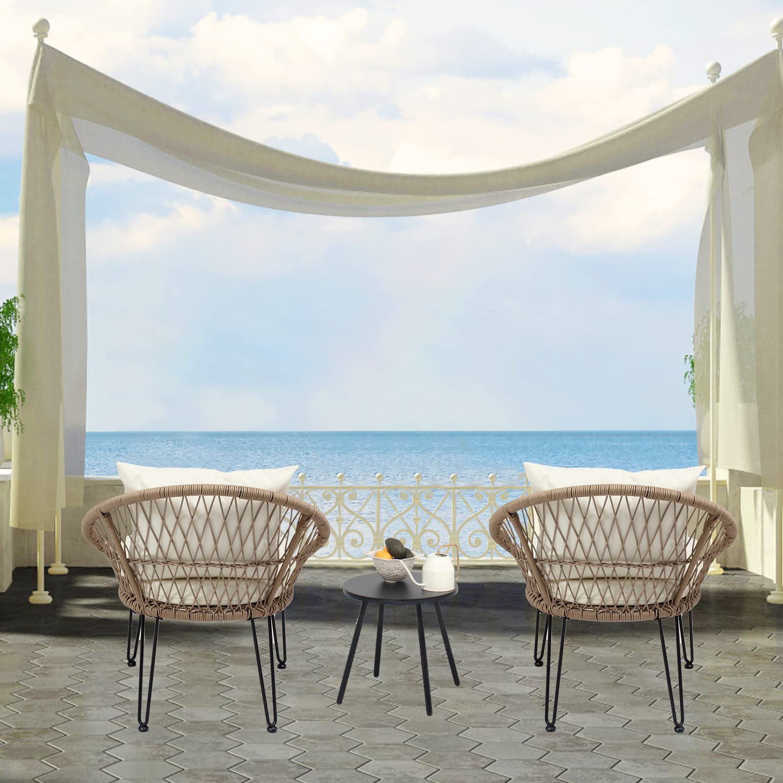 3-Piece Patio Bistro Set - Outdoor Wicker Conversation Set with Side Table & Cushions, Rattan Woven Rope Table Set - Perfect for Garden, Balcony, Porch, Deck & Poolside (Beige) - Ideal for Relaxing, Entertaining & Outdoor Dining