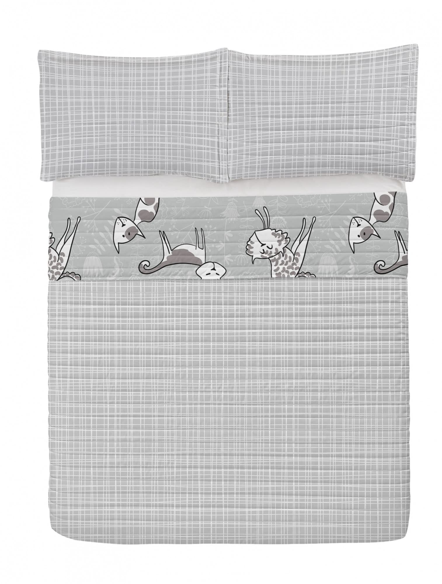 Ambesonne Grey Reversible King Size Bedspread Set with Cats & Floral Print - Microfiber Comforter & Pillow Shams - White & Dimgray - Perfect for Cat Lovers' Bedroom Decor & Cozy Home Styling