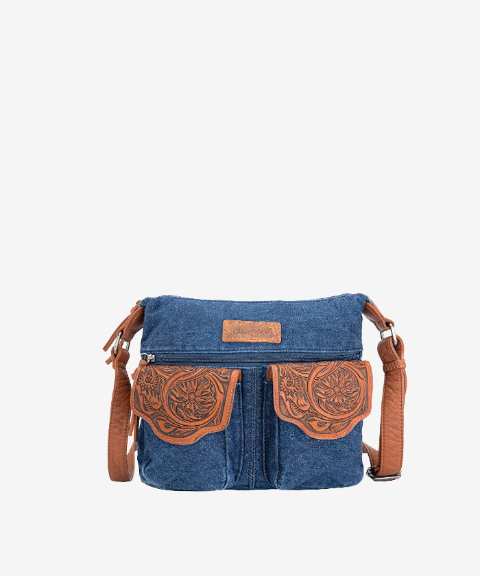 Wrangler Floral Embossed Denim Crossbody Bag for Women - Stylish & Durable Purse for Everyday Use, Shopping & Travel