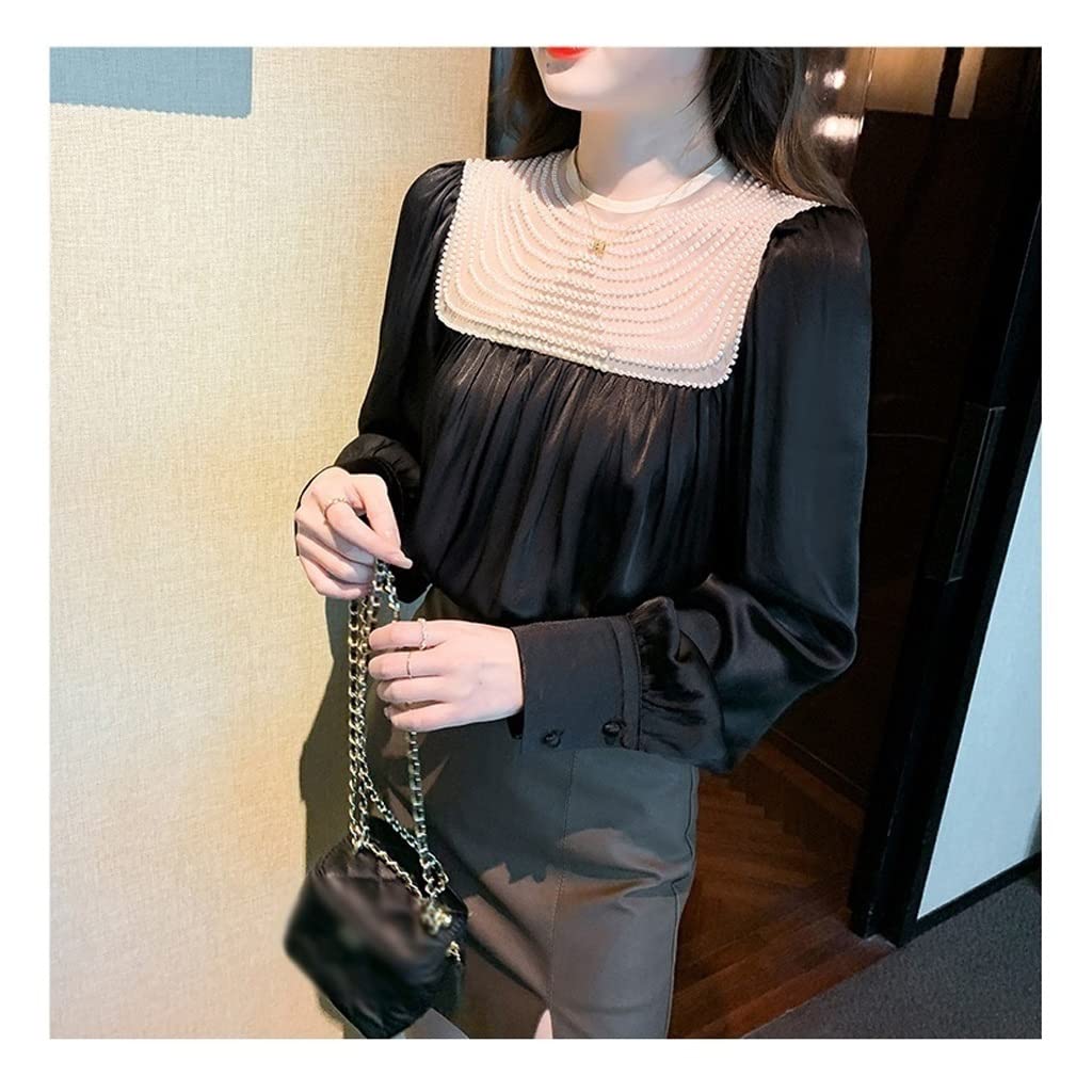 Elegant Black Chiffon Long Sleeve Beaded O-Neck Blouse for Women - Perfect for Office Wear, Evening Parties & Special Occasions (Color: Black, Size: S)
