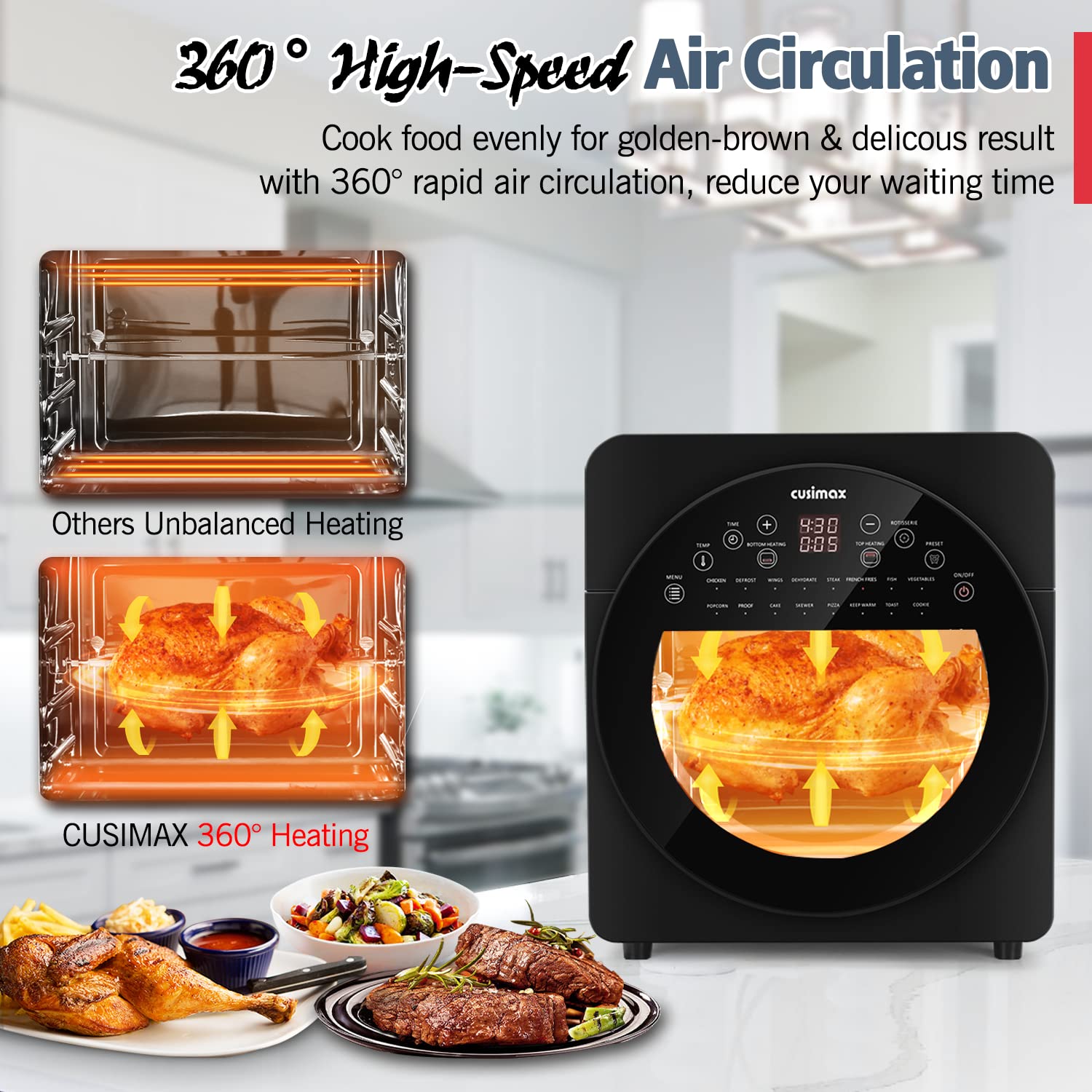CUSIMAX 15.5QT 16-in-1 Air Fryer Toaster Oven Combo with Rotisserie & Dehydrator - Large Digital Convection Roaster Oven with Accessories - Perfect for Baking, Roasting, Air Frying & Meal Prep - Black