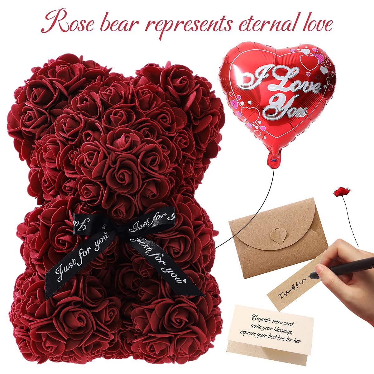 Handmade Rose Teddy Bear Gift for Women - Deep Red Rose Flower Bear with Clear Gift Box & Greeting Card | Perfect for Mother's Day, Valentine's Day, Anniversary & Bridal Showers | Romantic Home Decor & Special Occasion Present