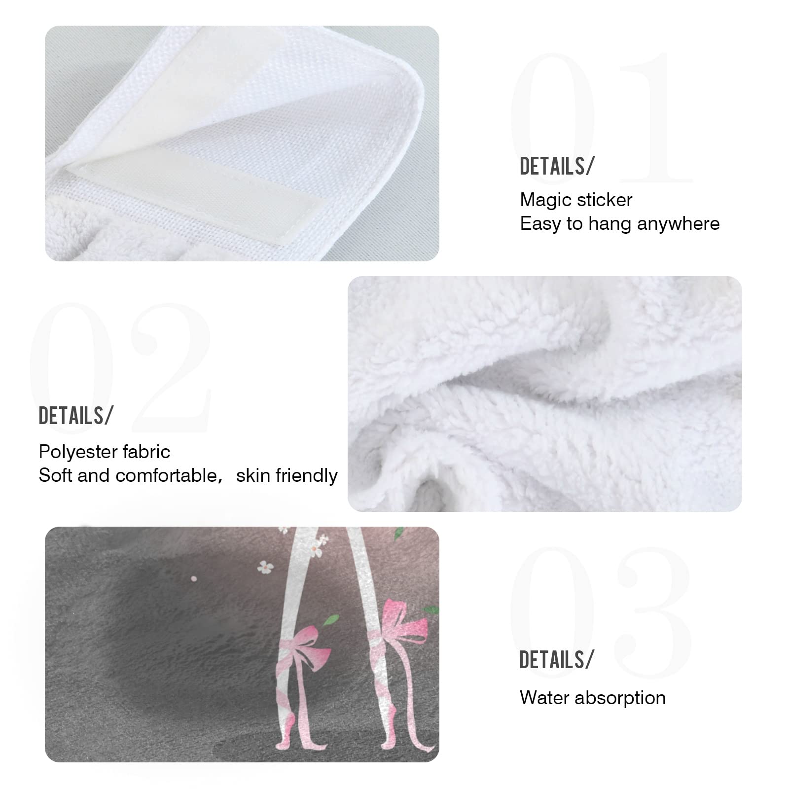 2-Pack Ballet Girl Hand Towels with Flowers, Butterflies & Sparkles - Soft, Fast-Drying Kitchen & Bath Towels with Hook & Loop for Hanging - Perfect for Dishes, Face Cleaning & Home Decor