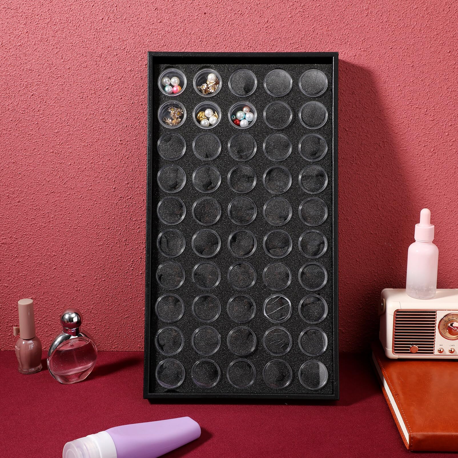 KALLORY 50 Grid Clear Plastic Round Storage Box for Nails, Diamonds, Gem Beads & Jewelry - Organizer Case for Nail Glitter, Rhinestones, Crystals & Craft Accessories (Black) | Perfect for Salon Storage, DIY Crafts & Home Organization