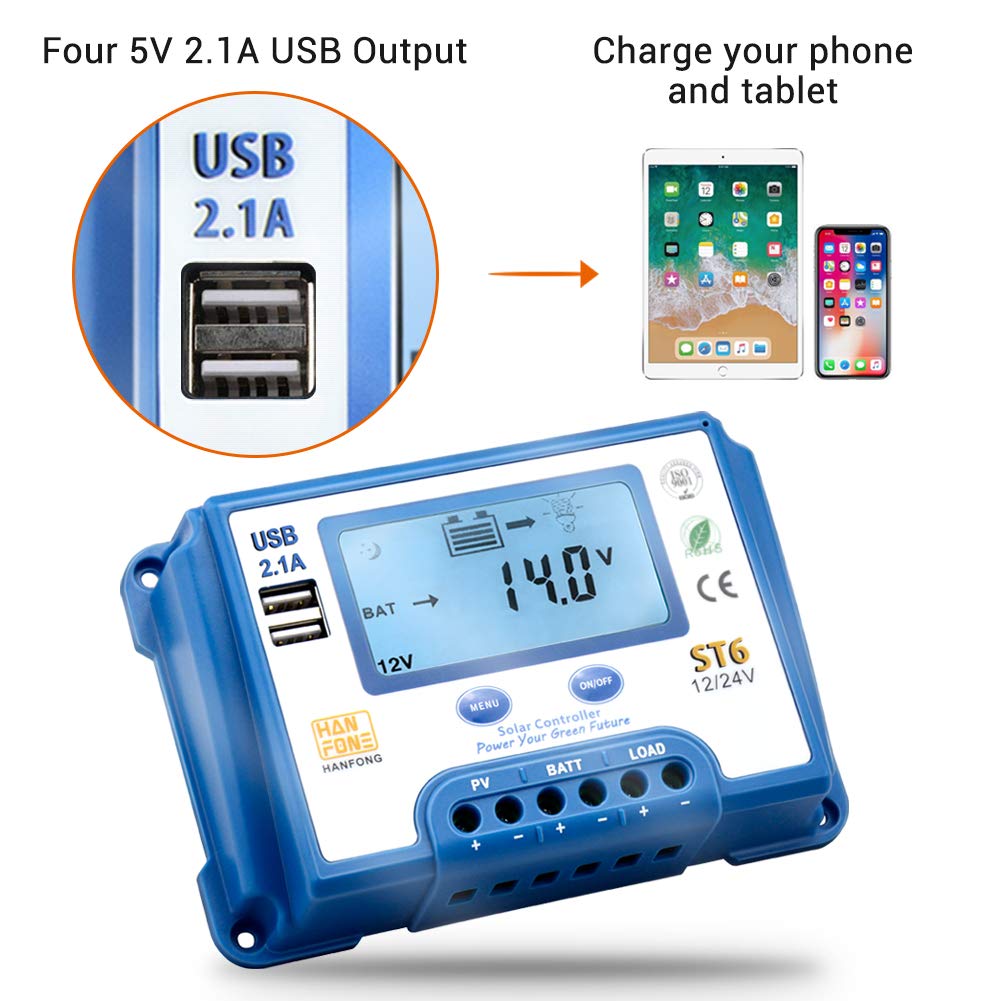 10A 12V/24V Solar Charge Controller with Dual USB & LCD Display - Auto Solar Panel Charging Regulator for RV, Boat, Off-Grid Power Systems