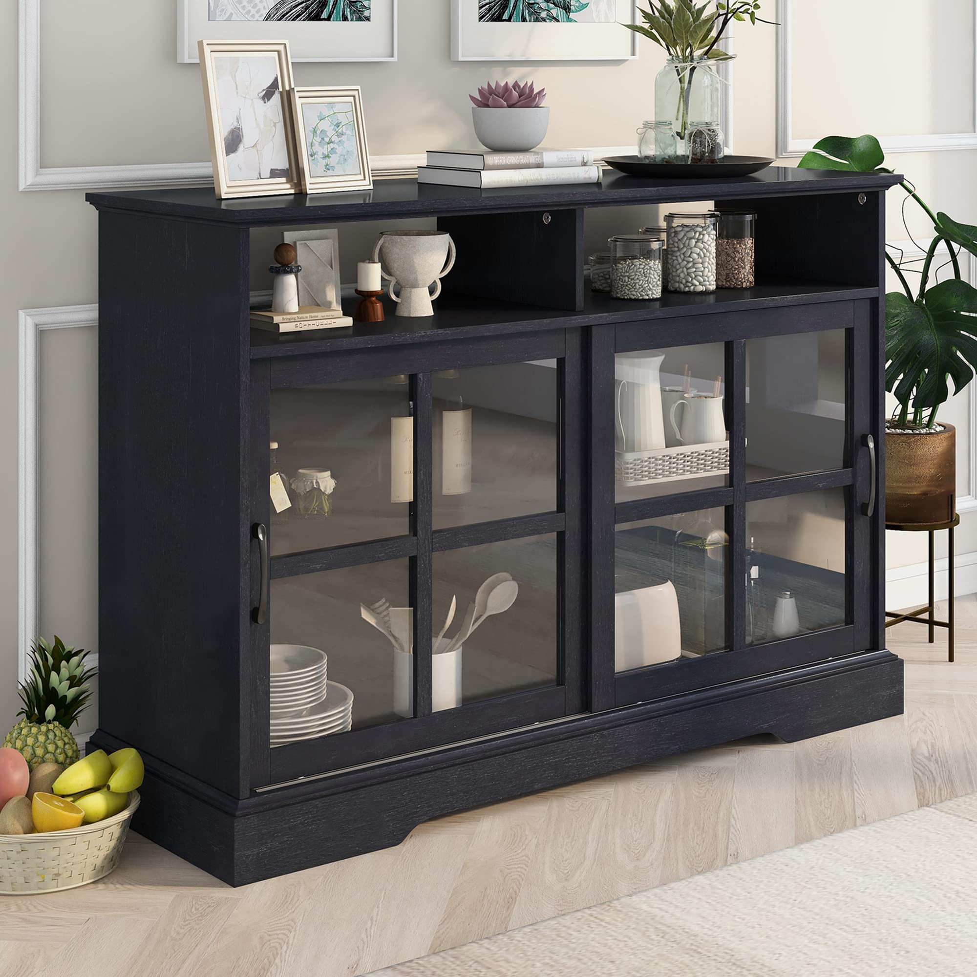 Modern Kitchen Sideboard Buffet Cabinet with 2 Glass Sliding Doors & Adjustable Shelves - Stylish Dining Room Storage Furniture for Small Spaces (Black) - Perfect for Dining Room Organization, Kitchen Storage & Home Decor