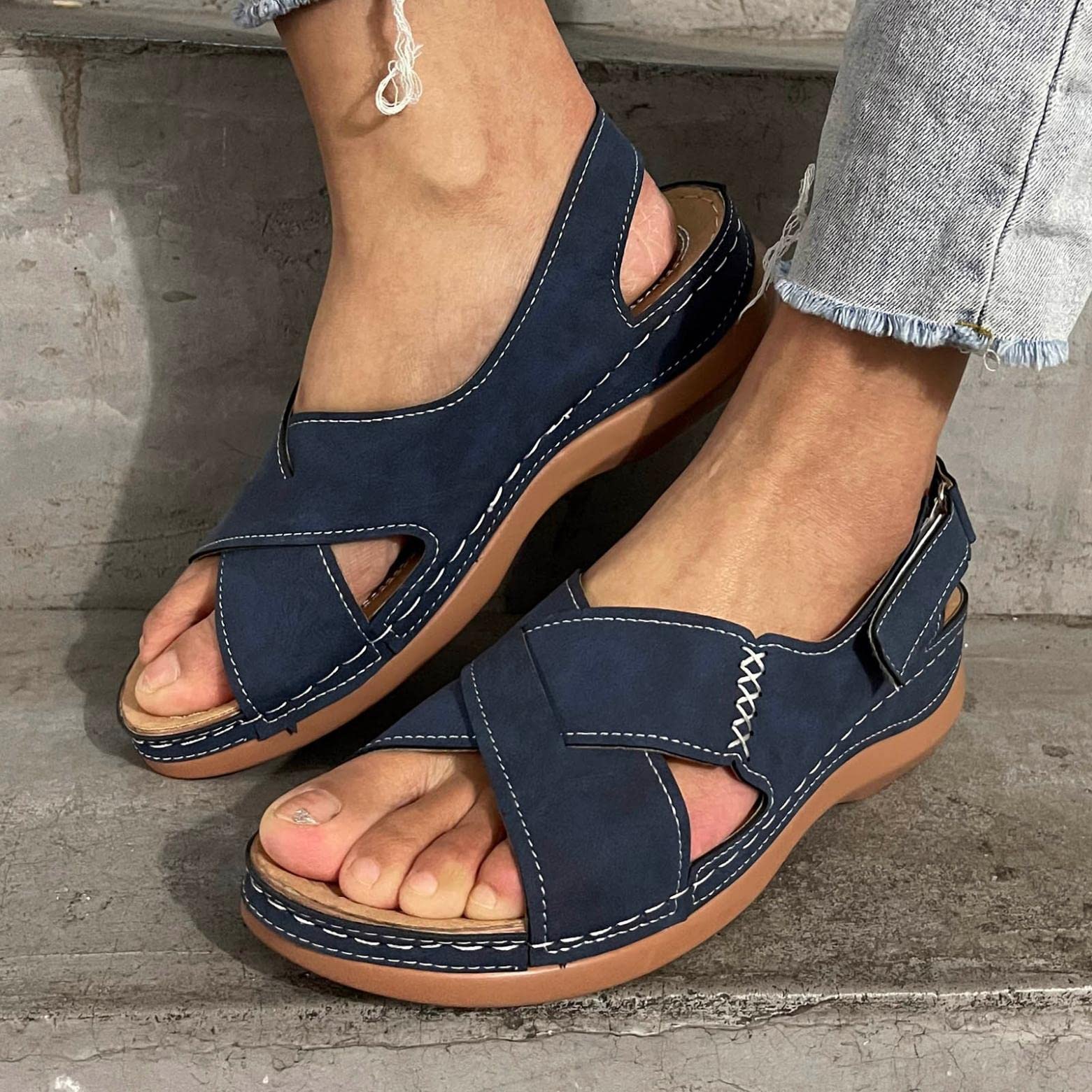 Women's Comfortable Leather Wedge Sandals - Casual Bohemian Cross Strap Slingback Dress Shoes with Buckle for Summer Beach, Outdoor & Party Wear