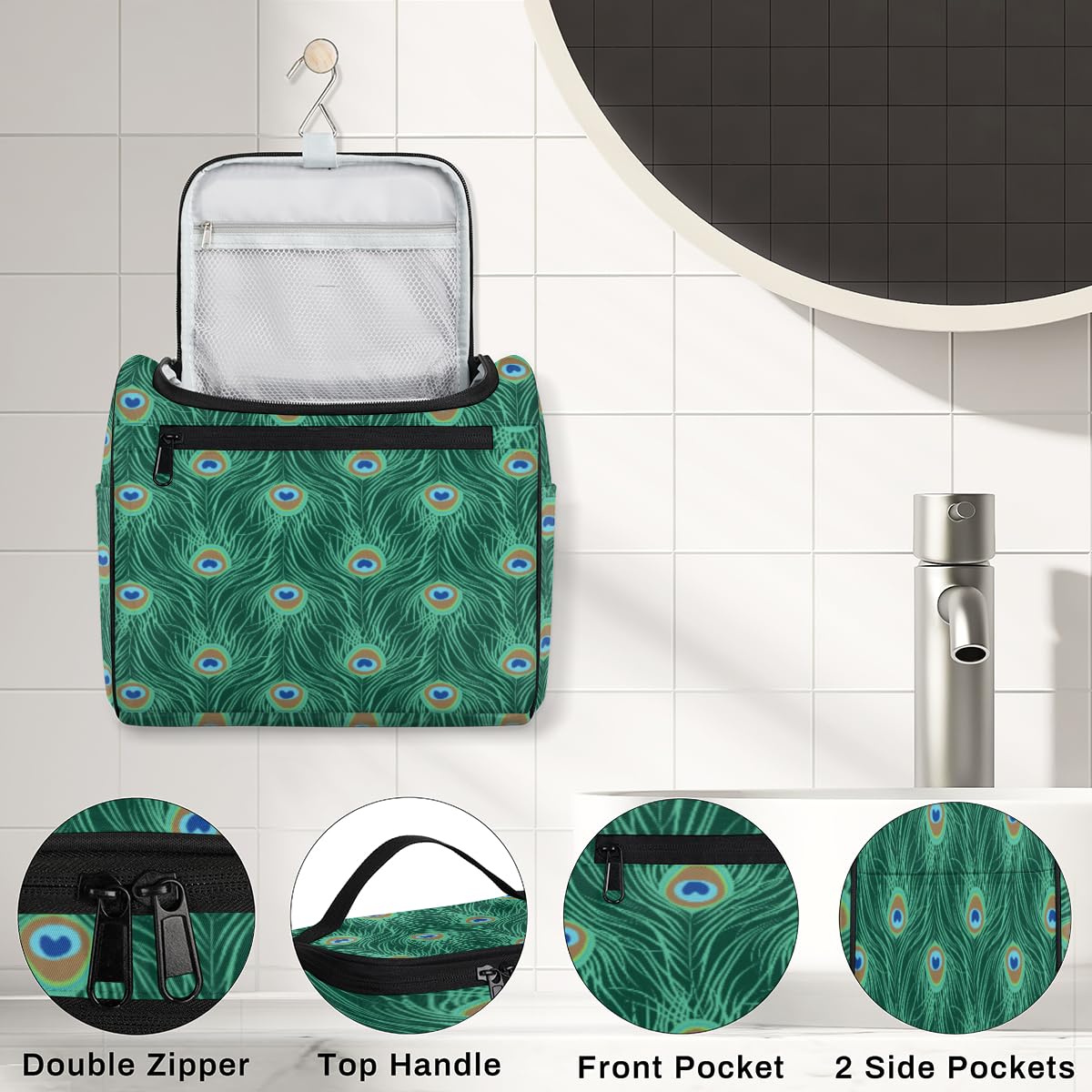Green Peacock Feather Toiletry Bag for Women - Waterproof Makeup Organizer with Compartments, Perfect for Travel & Bathroom Storage