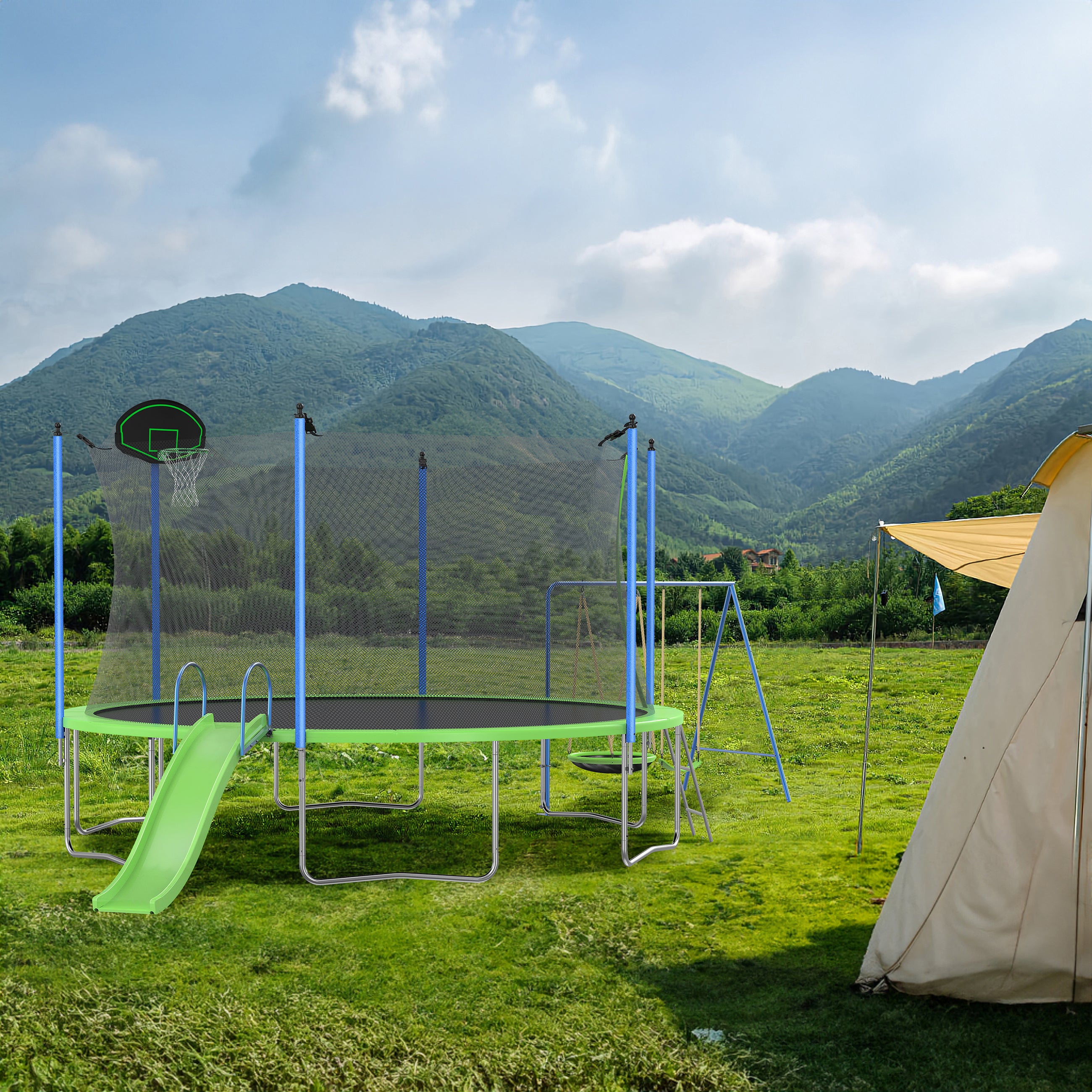 12FT Trampoline with Slide, Swings & Basketball Hoop - ASTM Approved Large Outdoor Trampoline with Safety Net & Ladder - Heavy Duty Backyard Trampoline for Kids & Adults - Perfect for Family Fun, Exercise & Outdoor Play