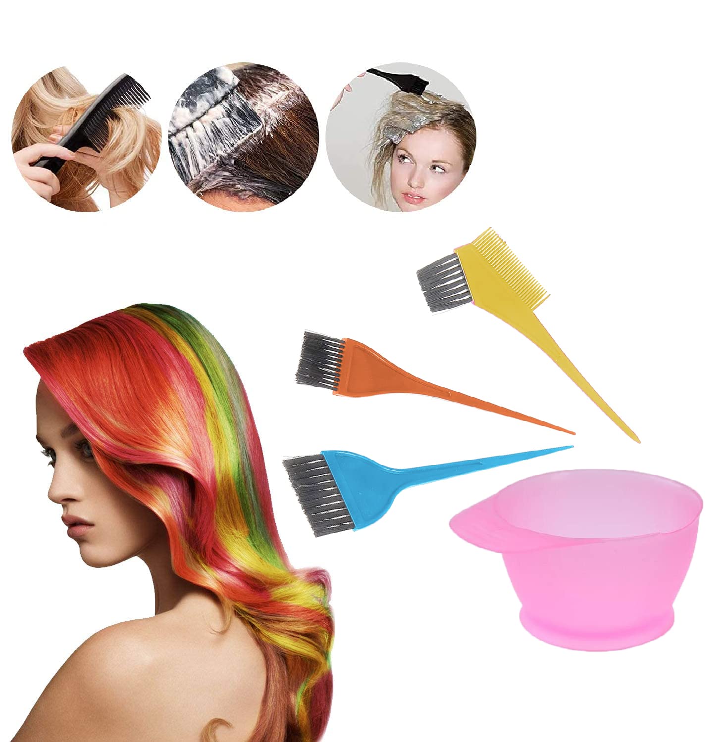 Ayushi Creations Hair Coloring Brush Bowl and Apron Set - Professional Salon Hair Dyeing Kit with ABS Plastic Bowl, Brushes & Apron - Multicolor Pack of 5 (Combo-2) - Perfect for At-Home Hair Coloring & Salon Styling