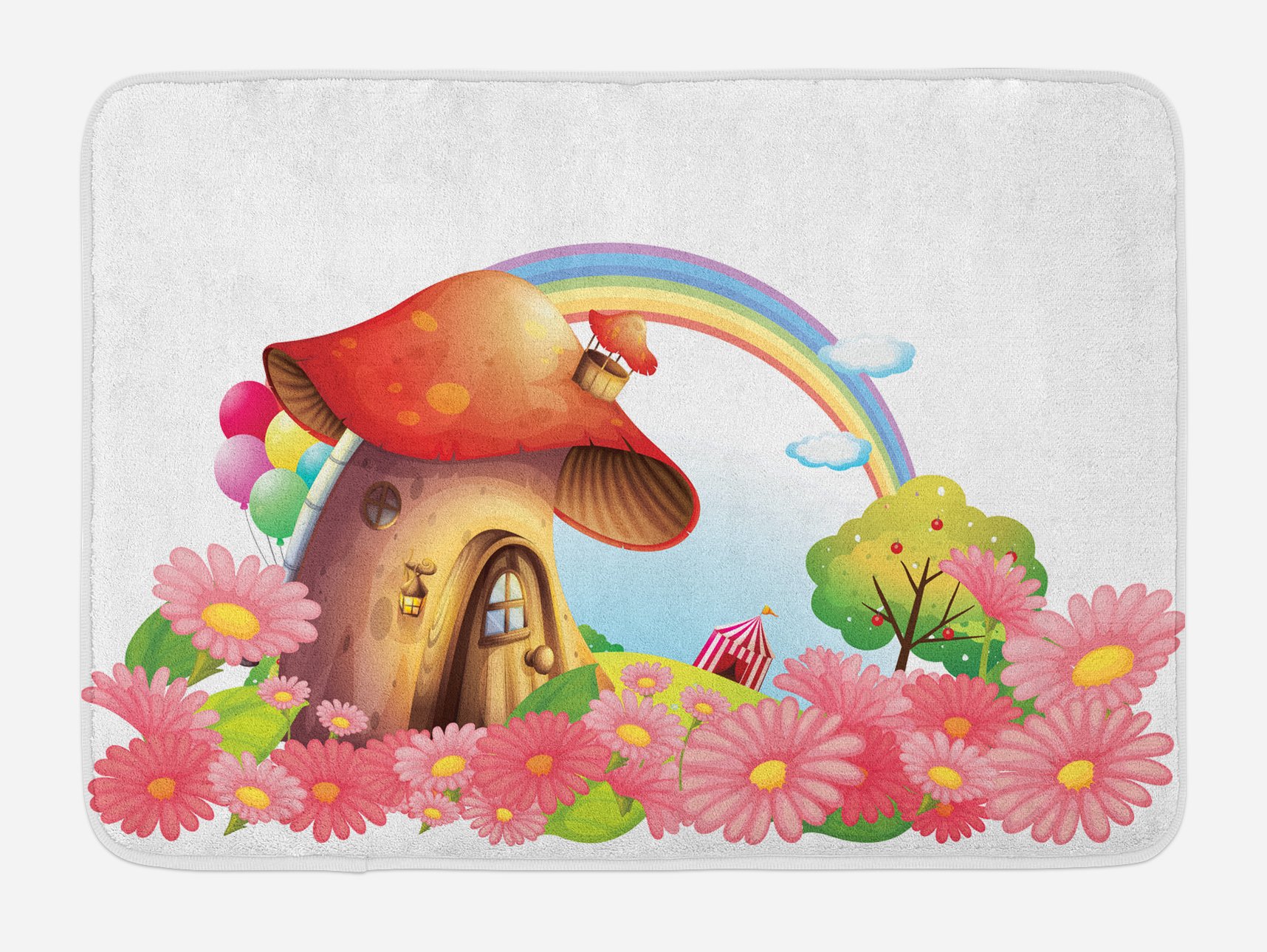 Ambesonne Non-Slip Plush Bath Mat - Mushroom House in Flower Garden with Rainbow Fruit Trees, Circus Tent & Balloons - 30.2
