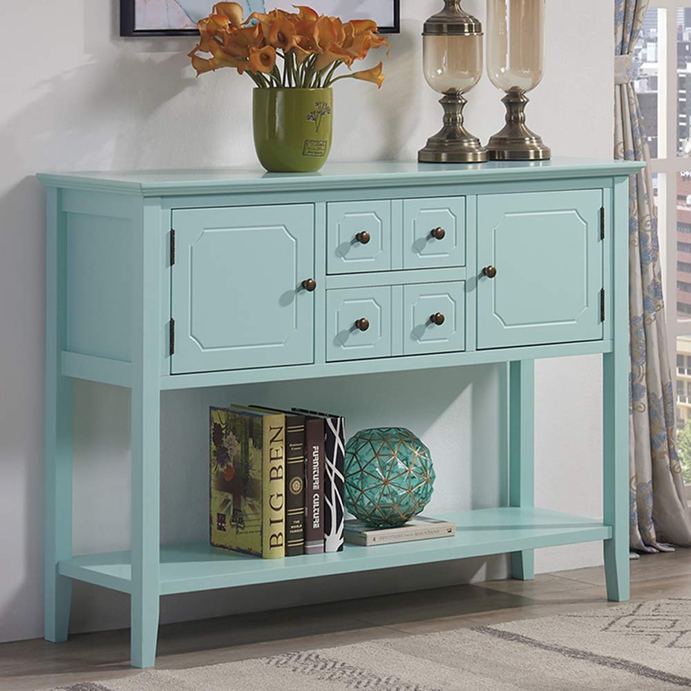 Vintage Style Console Table with Drawers & Open Shelf - Mid Century Modern Sideboard Buffet Cabinet for Dining Room, Hallway & Foyer - Aqua Smoke Storage Furniture for Home Decor & Entryway Organization