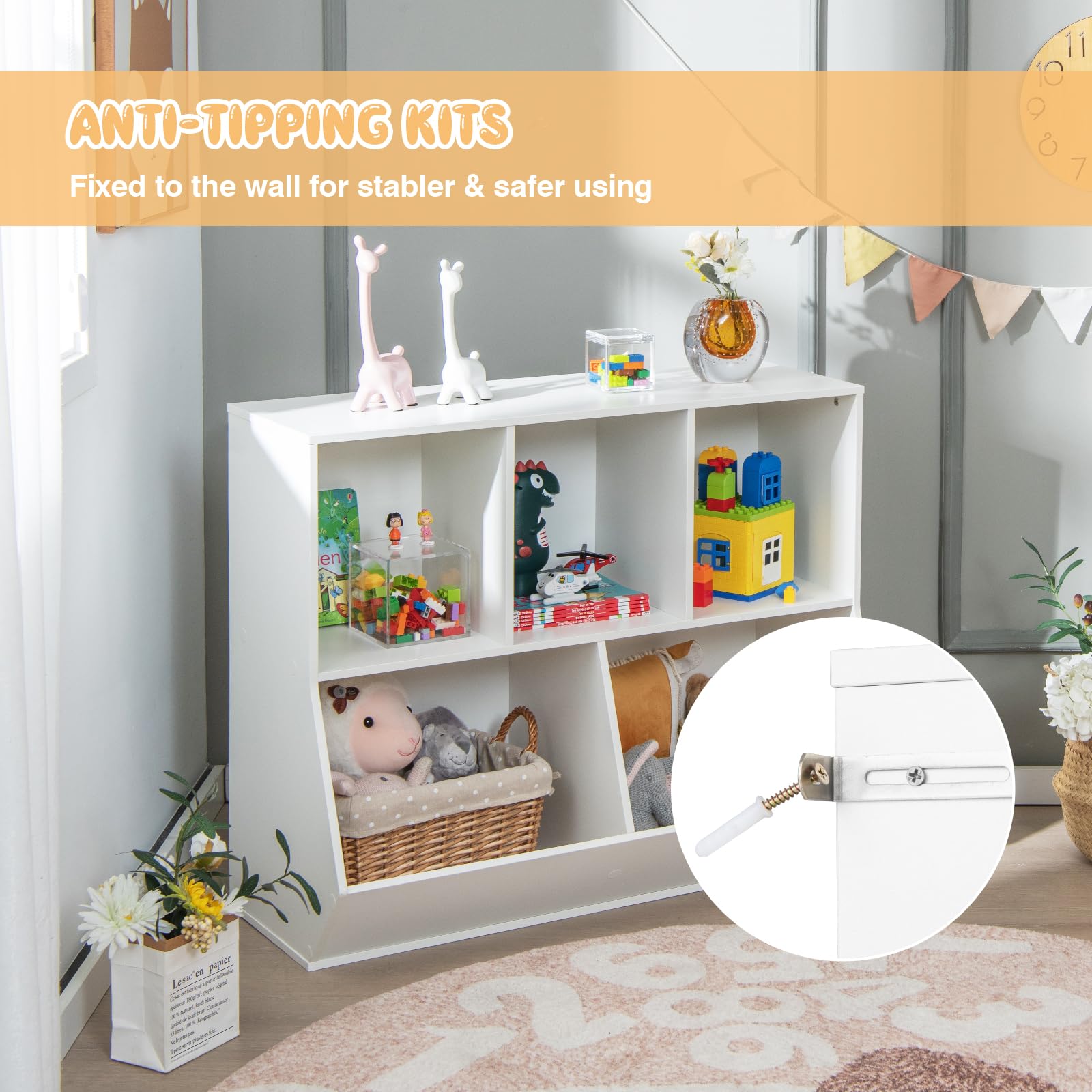 5 Cubby Open Wooden Kids Bookshelf & Toy Organizer - Toddler Playroom Storage for Bedroom, Nursery, and Daycare Organization