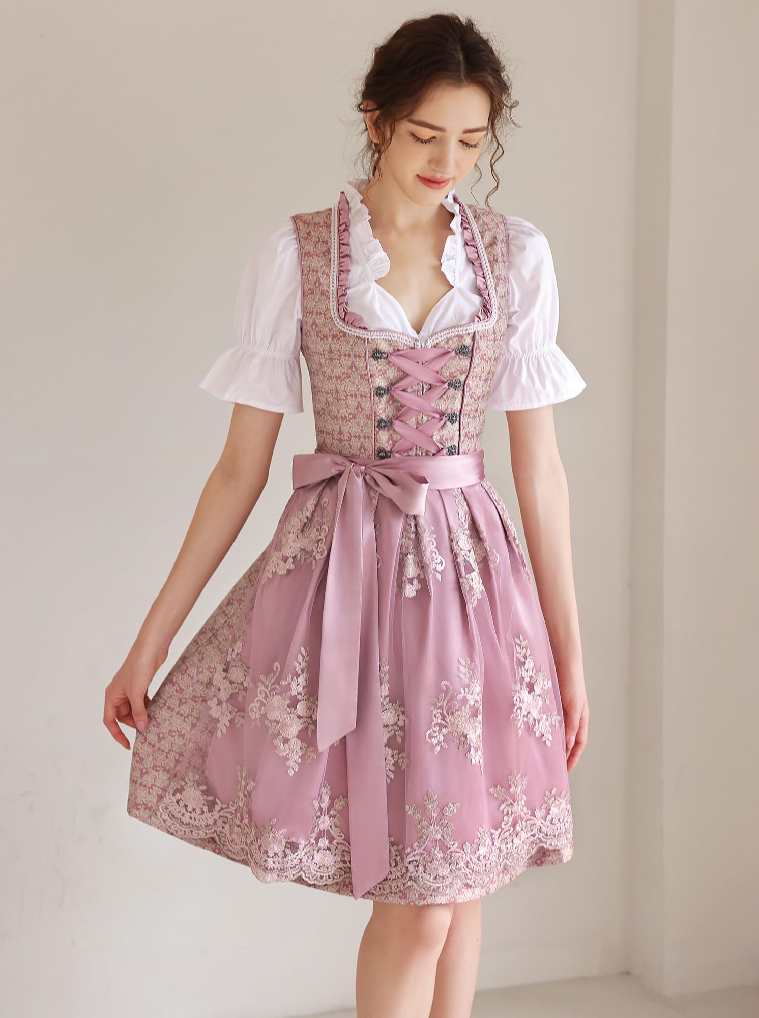 Authentic German Dirndl Dress for Women - 3-Piece Oktoberfest Costume with Blouse & Apron in Pink | Perfect for Oktoberfest, Halloween, Themed Parties & Cultural Events
