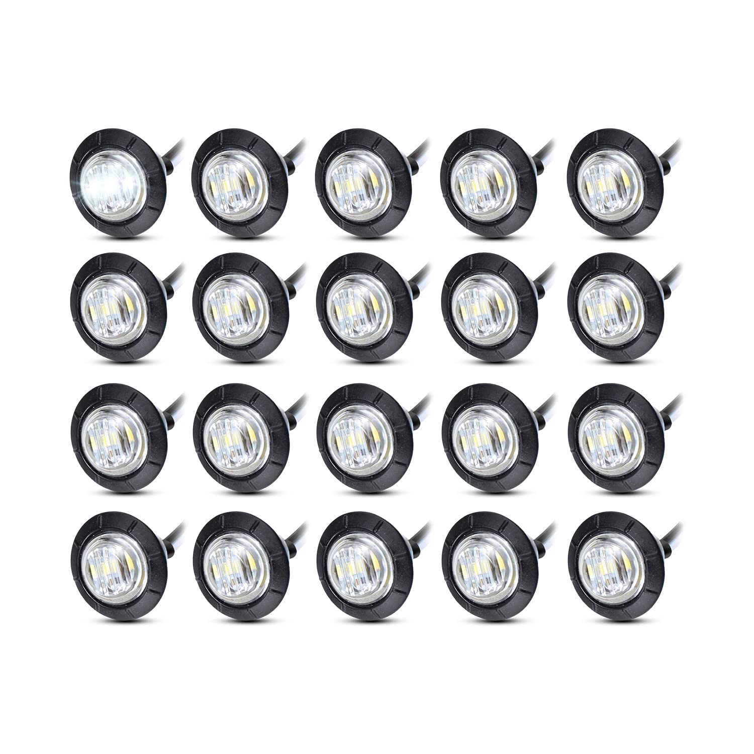 20Pcs 3/4 Inch Round White 3-LED Bullet Marker Lights - Waterproof LED Clearance Lights for Trailer, Truck, RV, Car, Bus, Van, Pickup, ATV, Boat, Caravan - Perfect for Night Driving & Road Safety