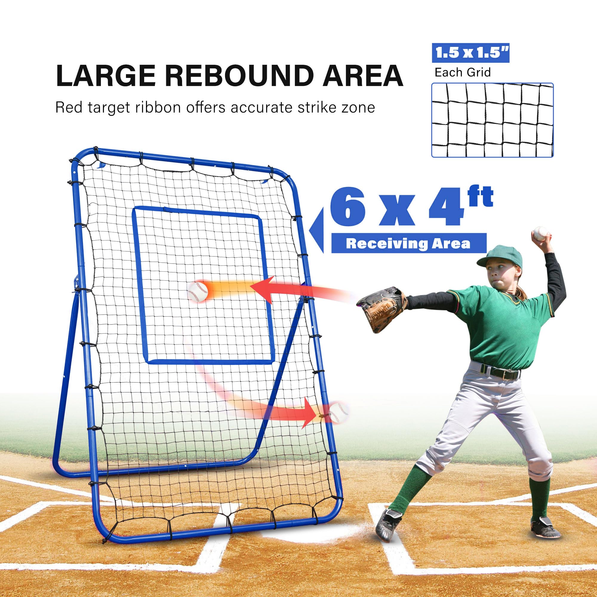 5-Angle Adjustable 6x4 ft Rebound Net for Baseball, Softball, Lacrosse & Volleyball Practice - Strike Zone Target - Perfect for Backyard Training & Team Drills